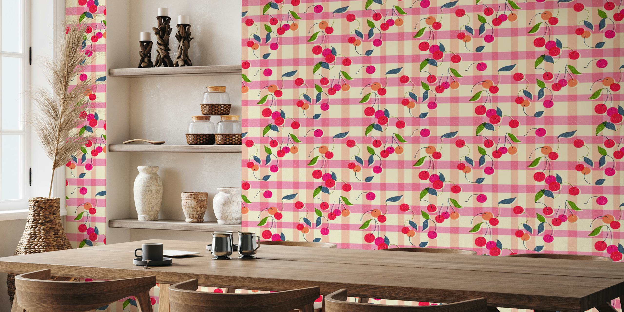 Cherry gingham pink tapet i et rom