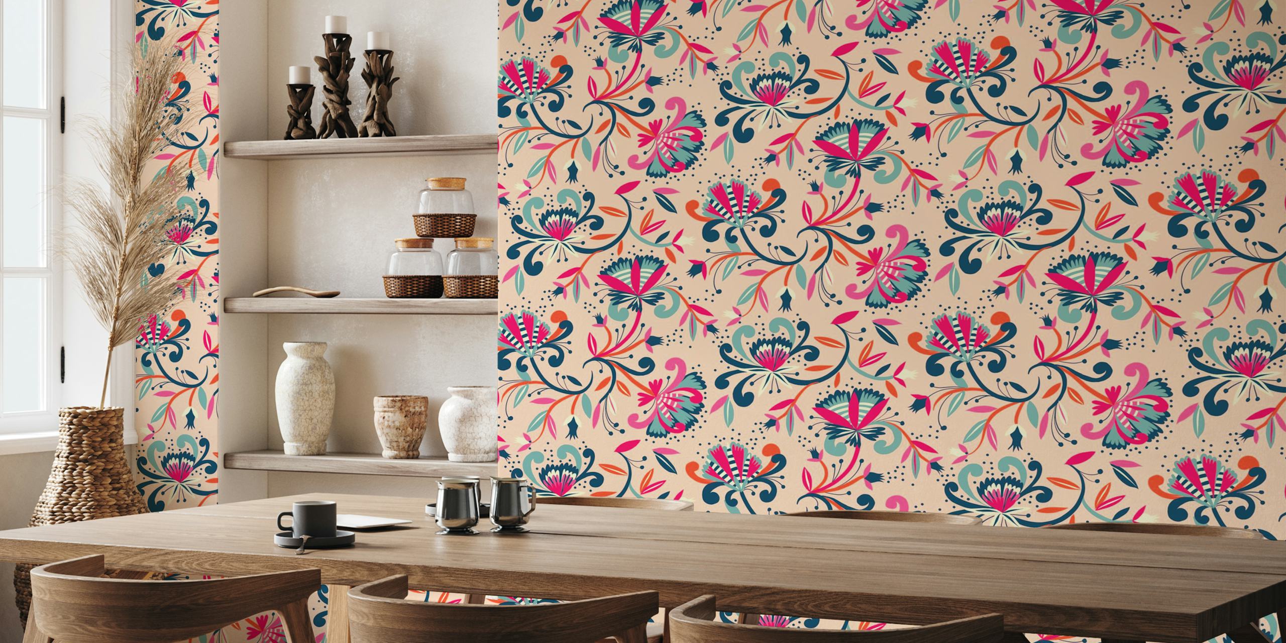 Colorful floral pattern in pink, blue, and orange on a peach background wallpaper