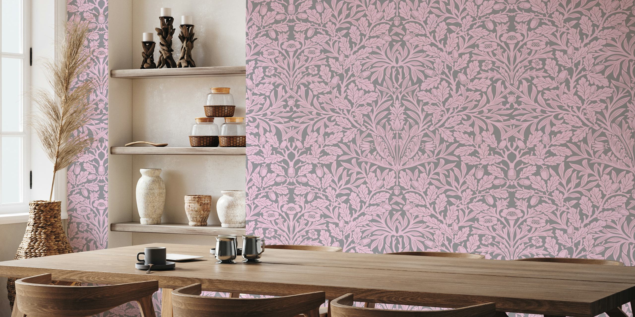 Victorian Acorn pattern in pink and grey wallpaper