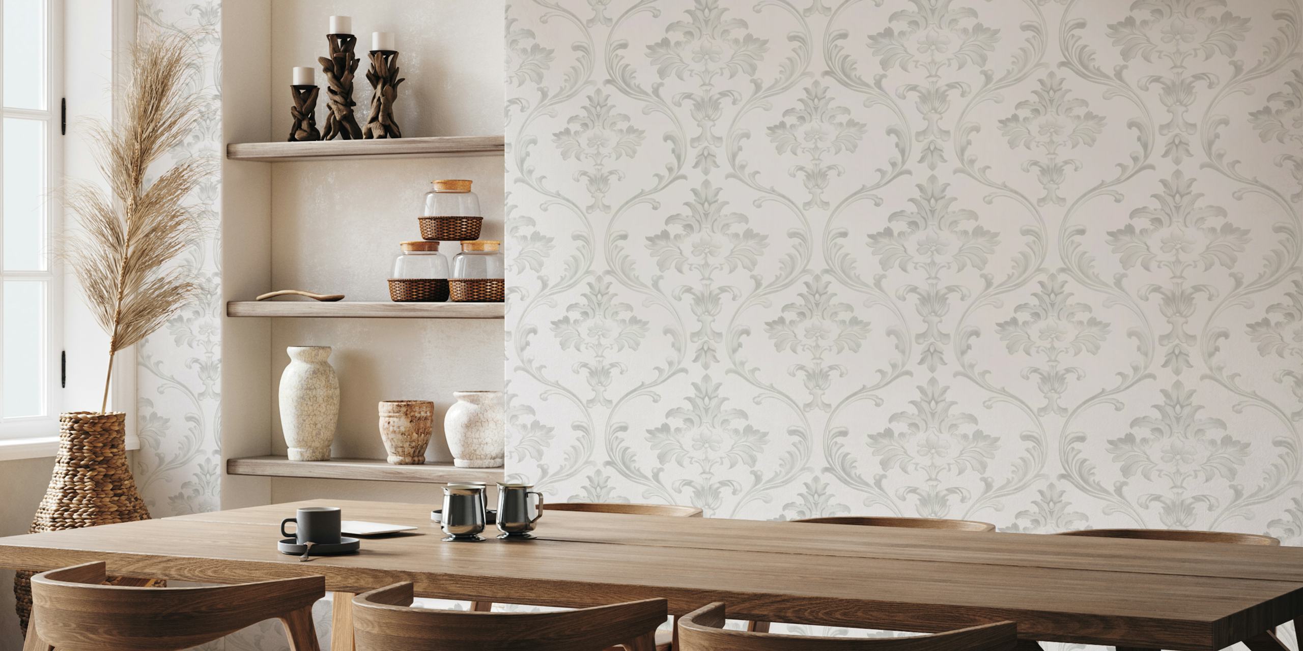 Victorian damask pattern in white and light gray wallpaper