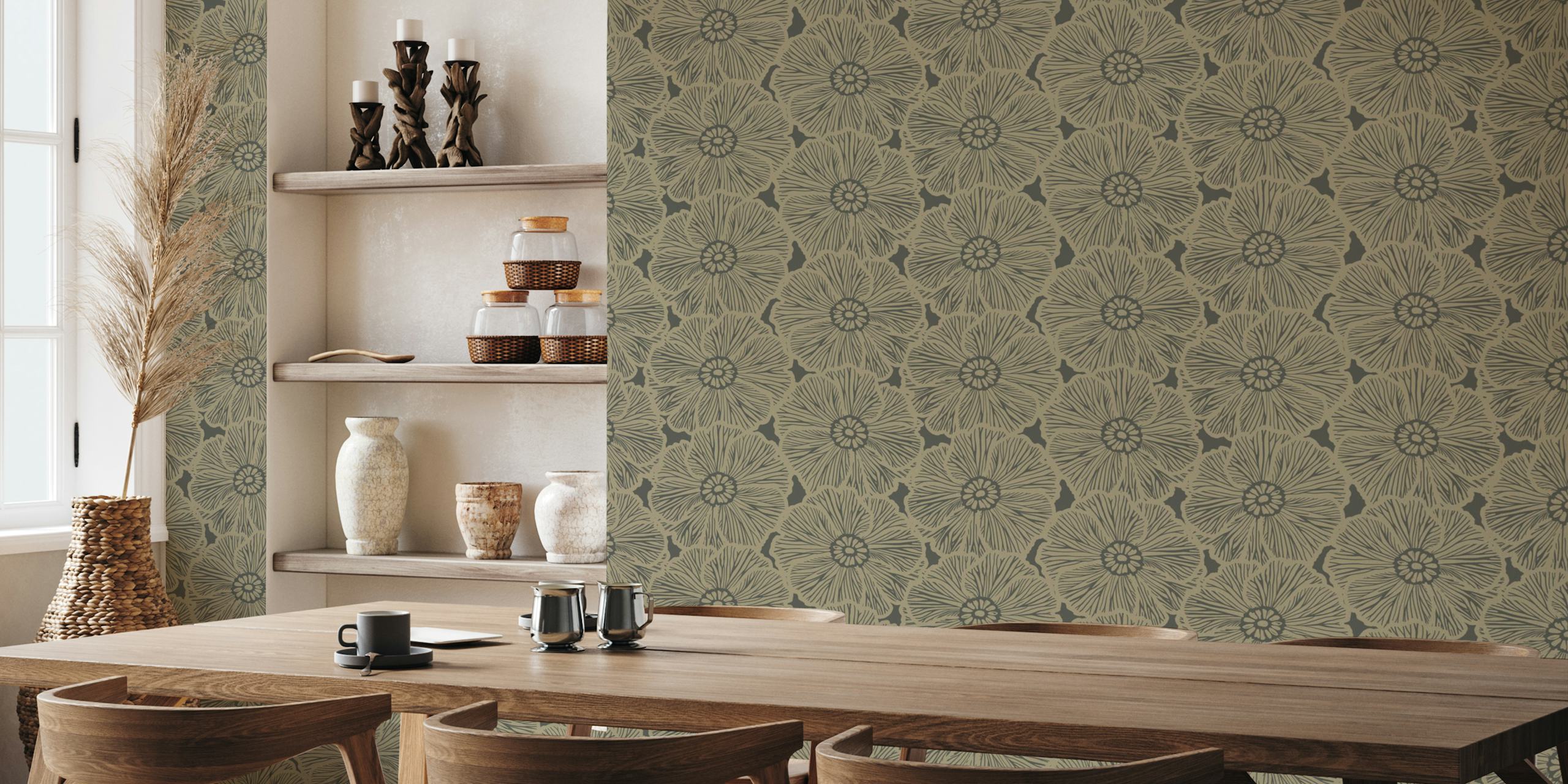 Zebra Flower Dark Sand behang in een kamer