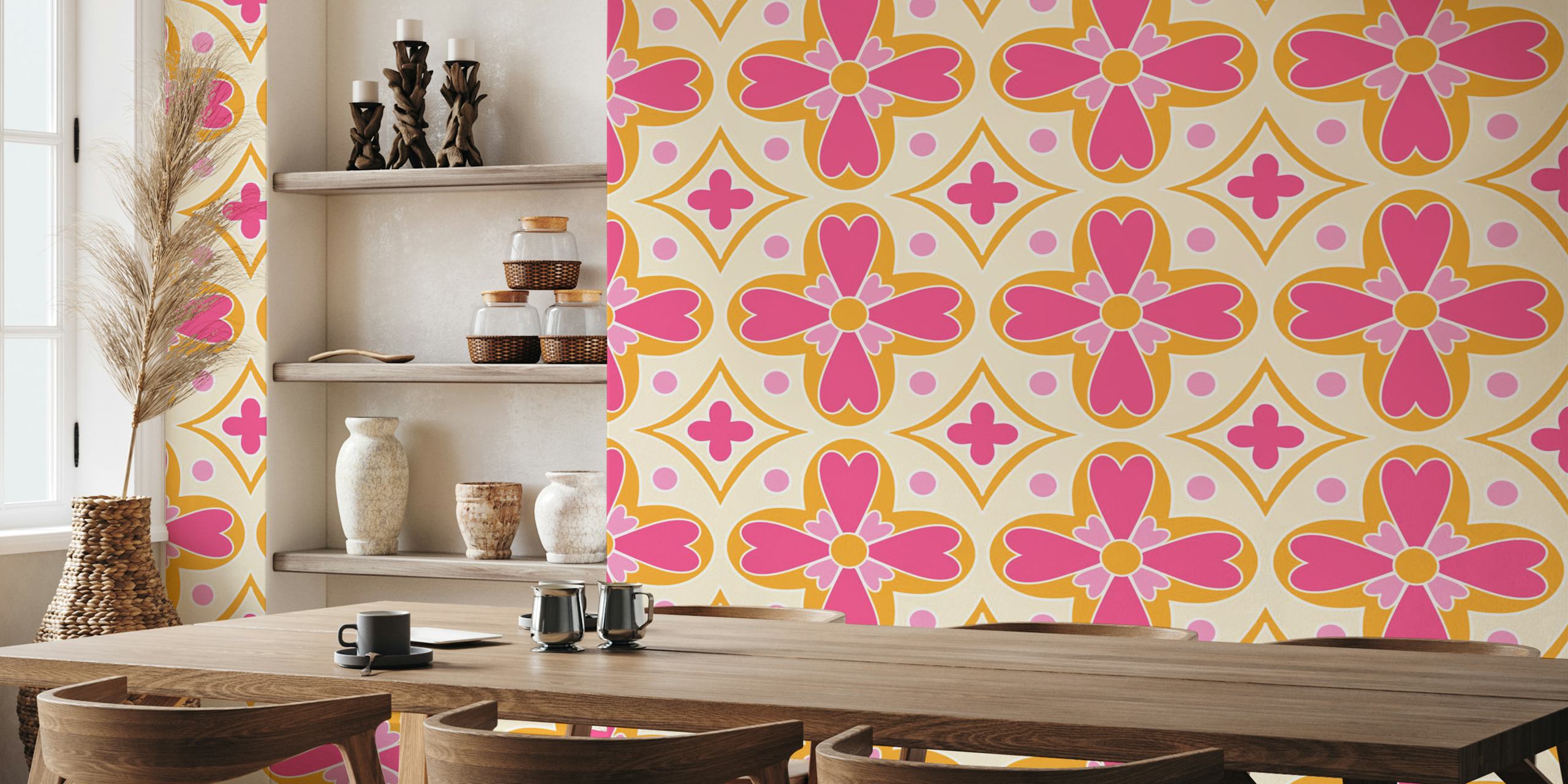 Colorful pink flower patterns on cream background wallpaper