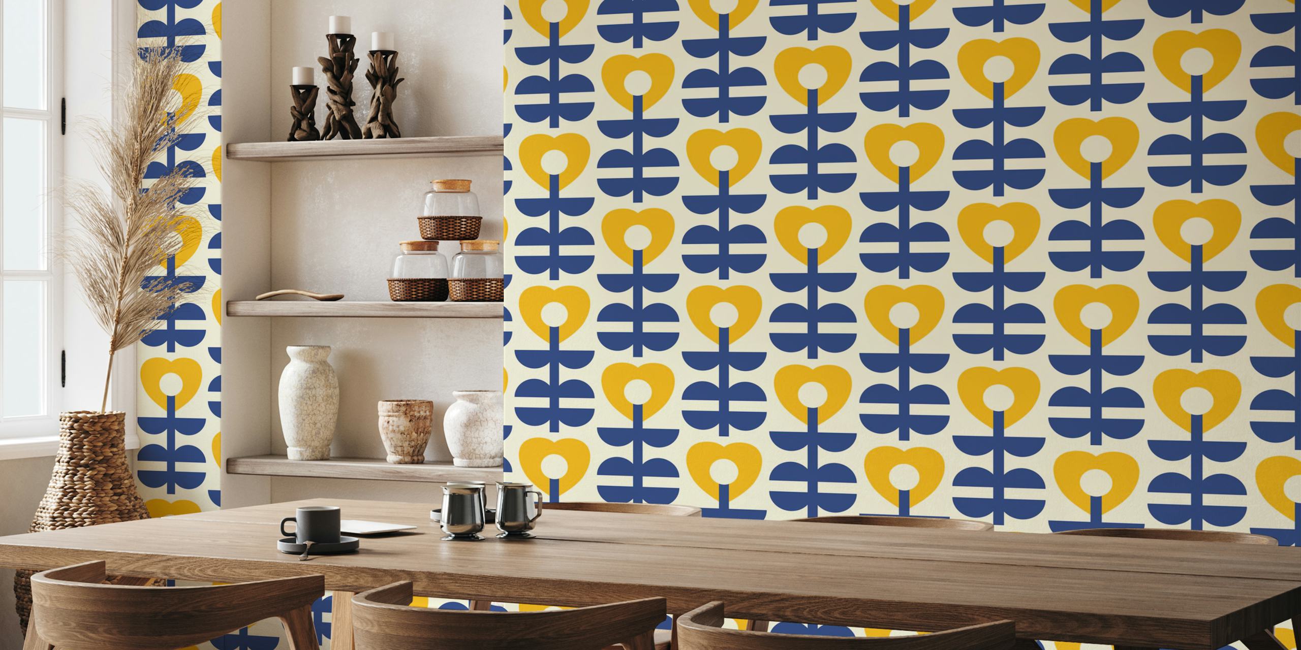 Nordic Hearts Flowers Yellow Blue ταπετσαρία σε ένα δωμάτιο