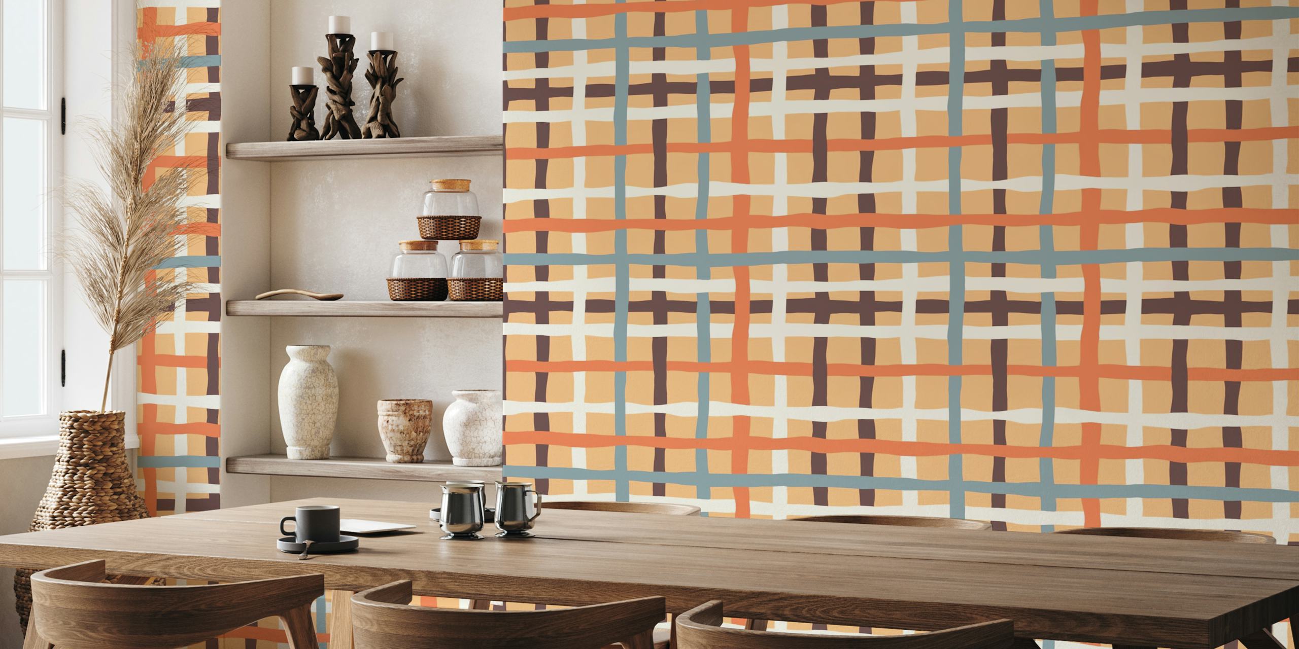 Wavy checkerboard pattern in soft orange, blue, and brown colors wallpaper