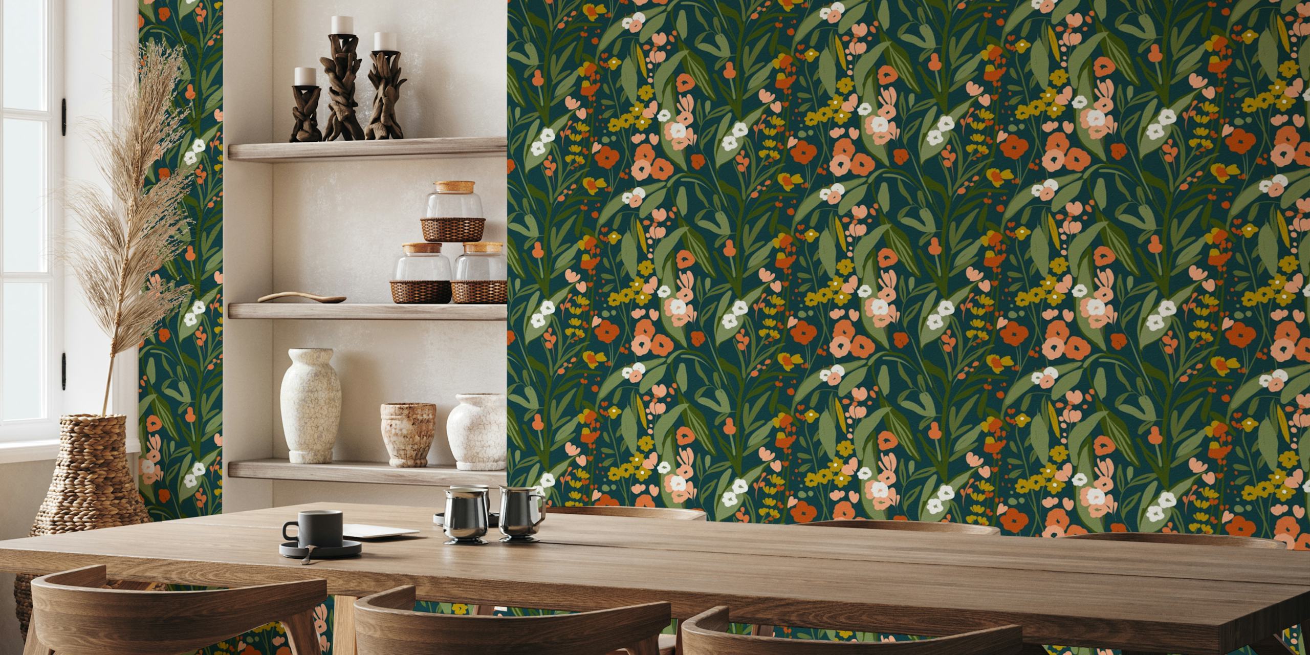 Colorful floral pattern with green background wallpaper