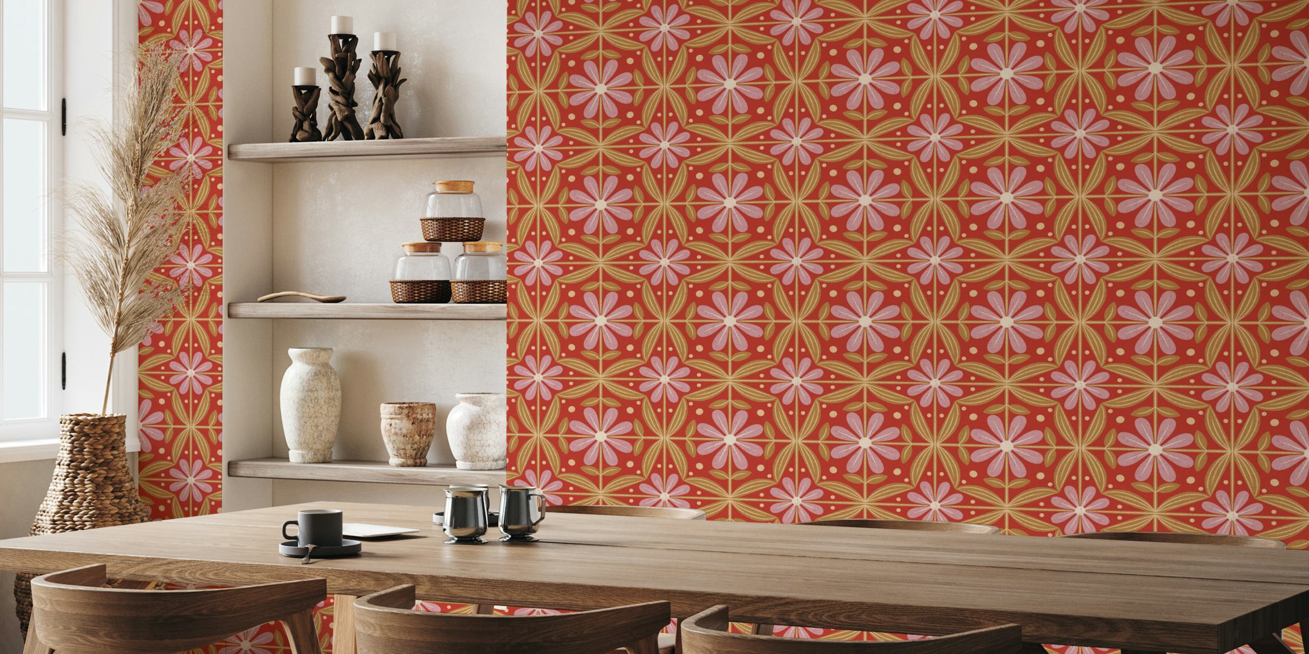 Papel tapiz Boho floral tiles en una habitación