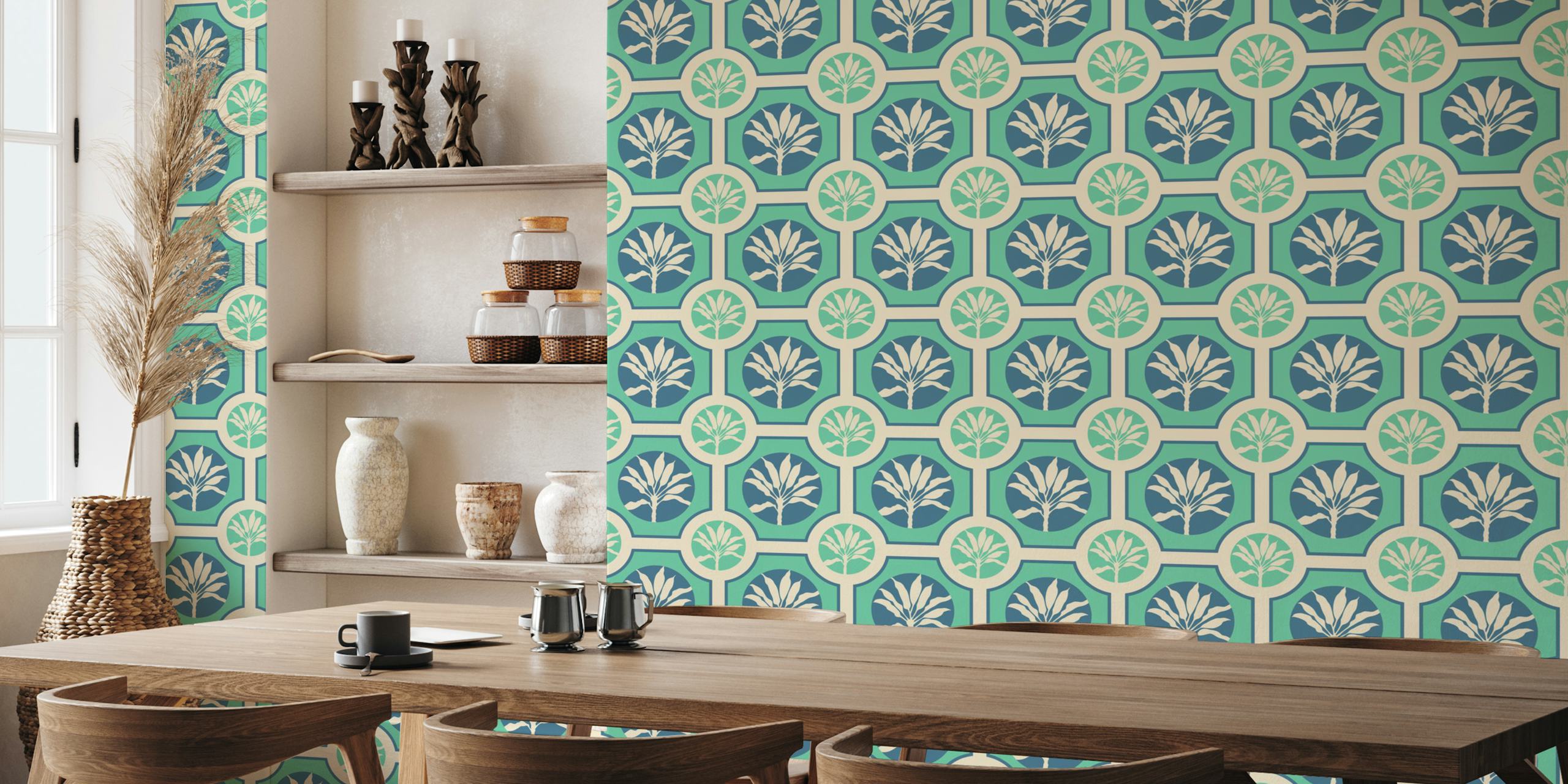 Tropical plant tile design in turquoise and cream wallpaper