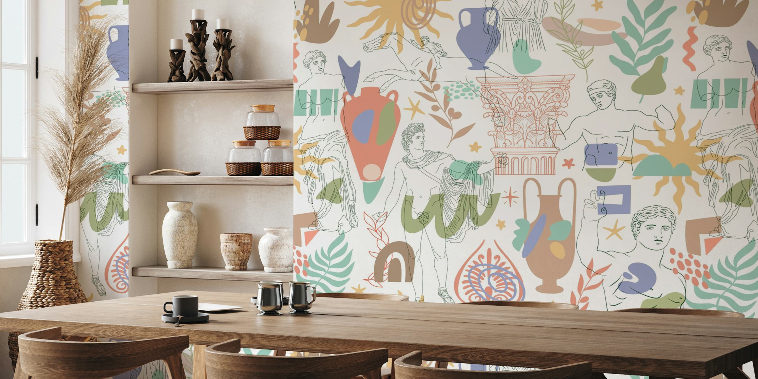 Greek motifs with colorful vases and figures in style wallpaper