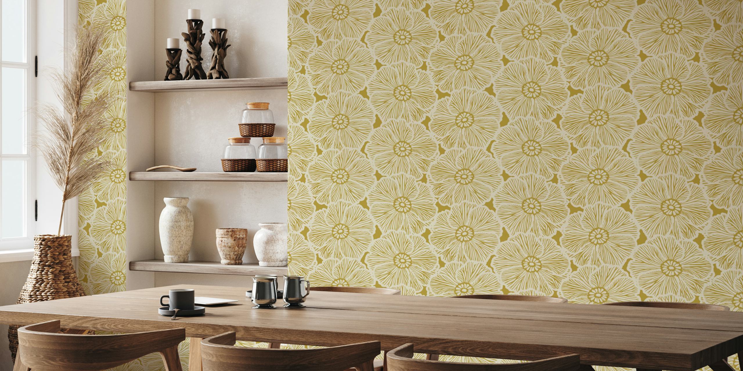 Large yellow floral patterns with detailed lines wallpaper
