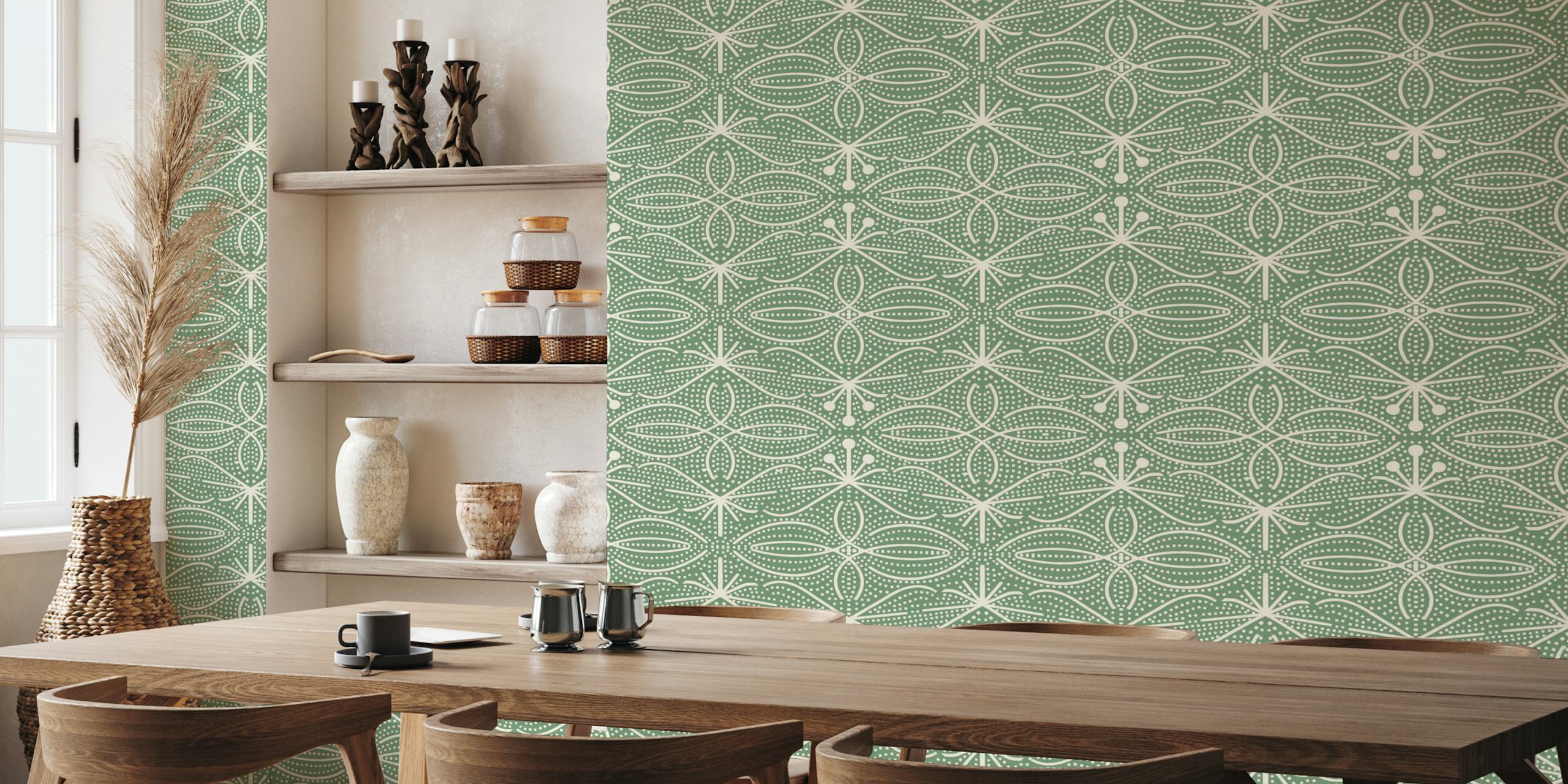 Bohemian Chic Leaves Sage tapet i et rum