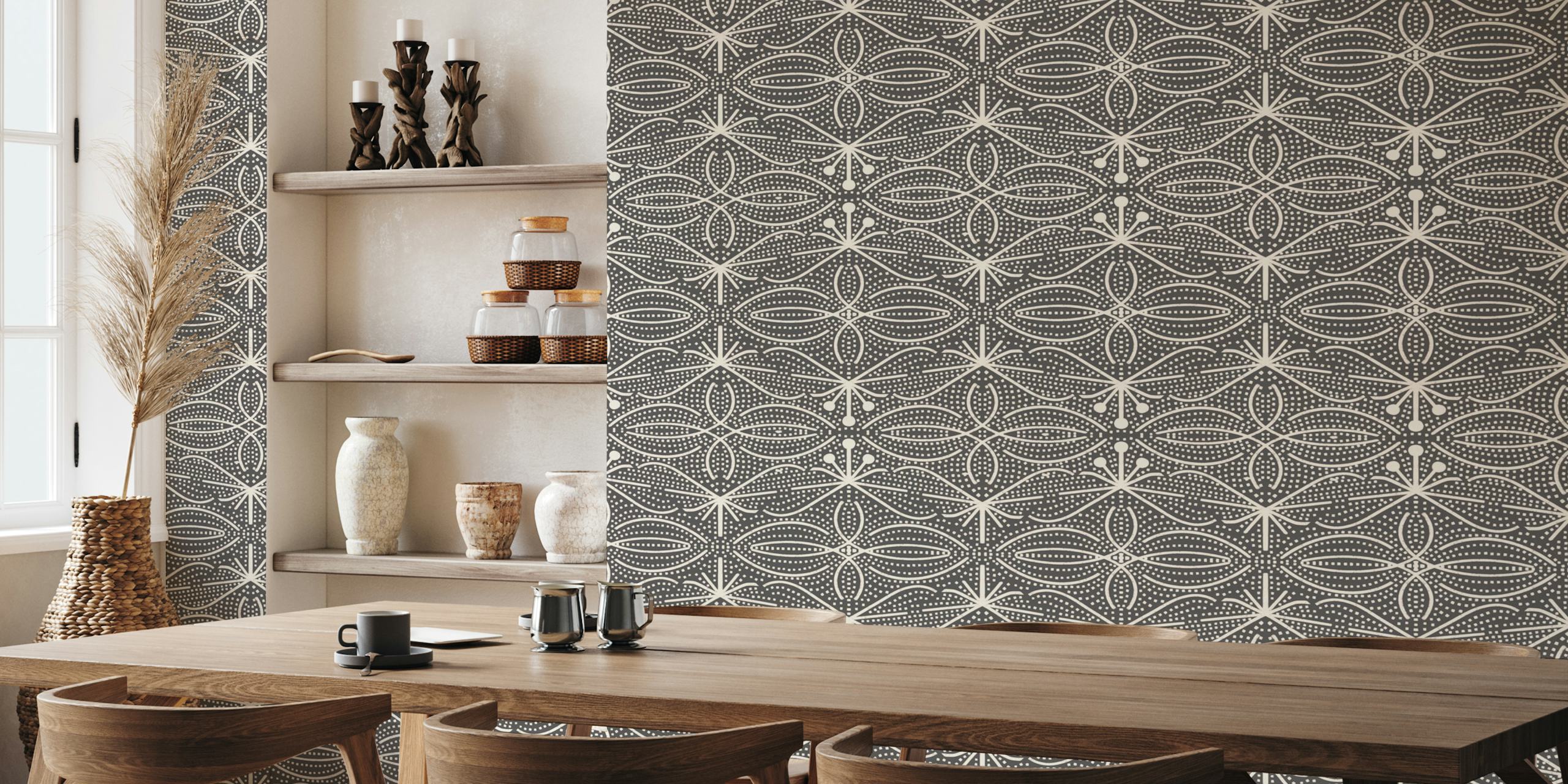 Bohemian leaves pattern in black and white wallpaper