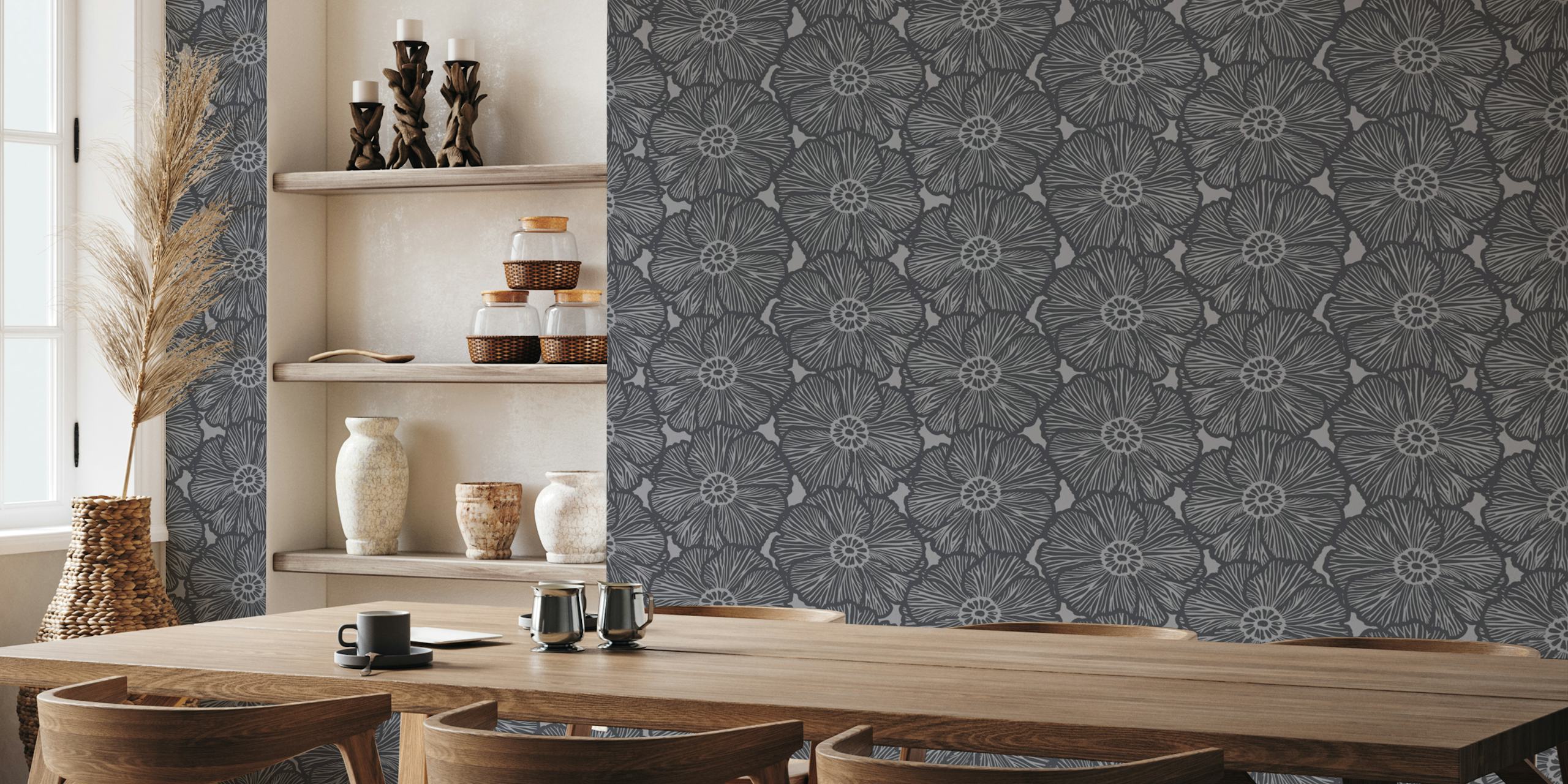 Black floral pattern wallpaper with large abstract flowers