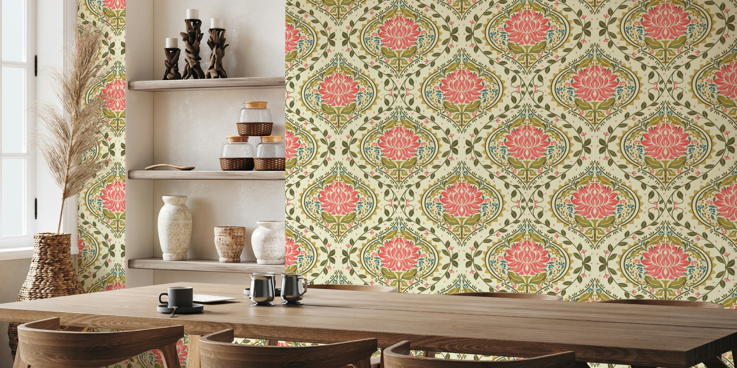 Floral design with pink lotus flowers and green leaves wallpaper