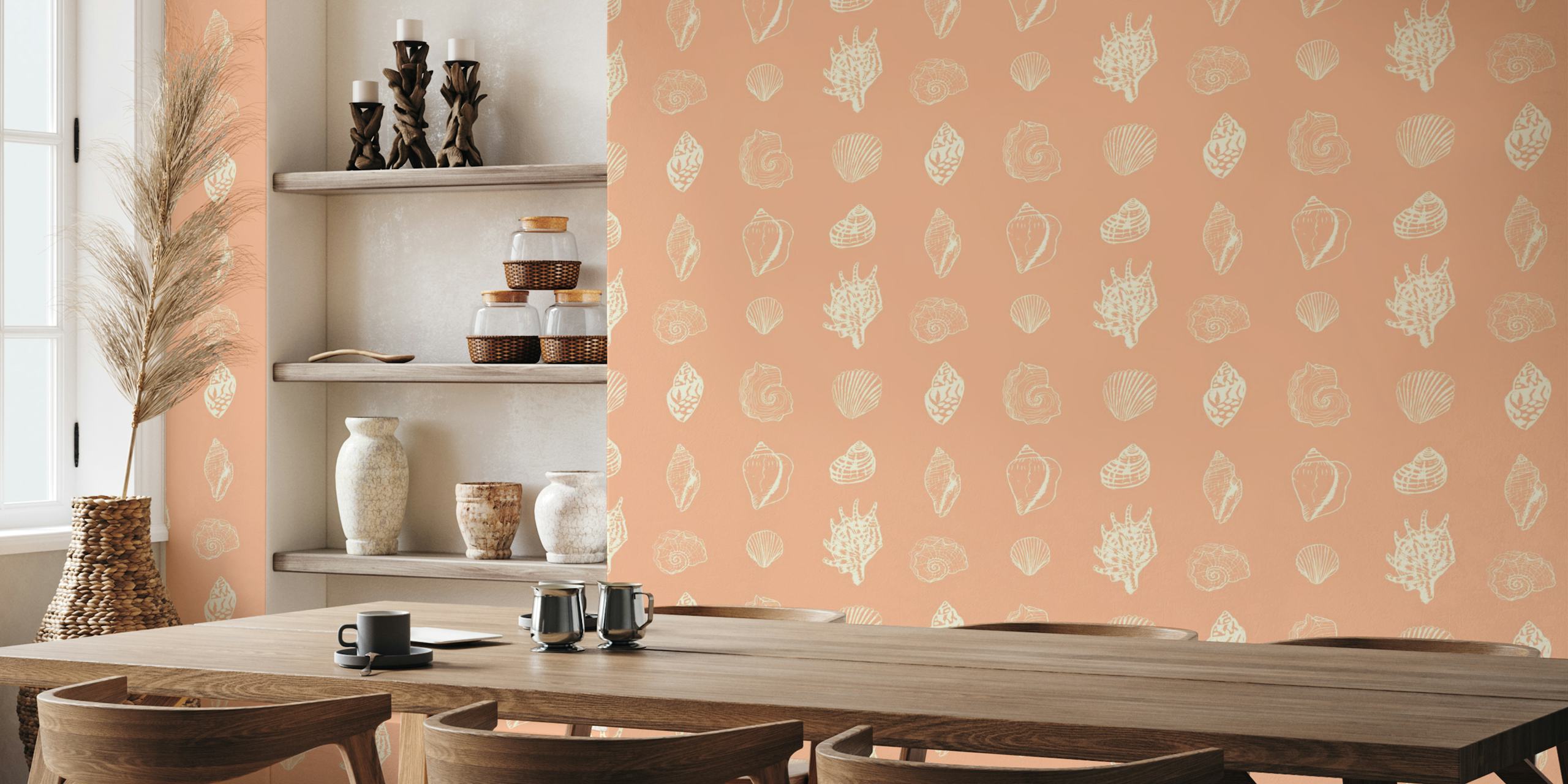 White seashell illustrations on salmon rose background wallpaper