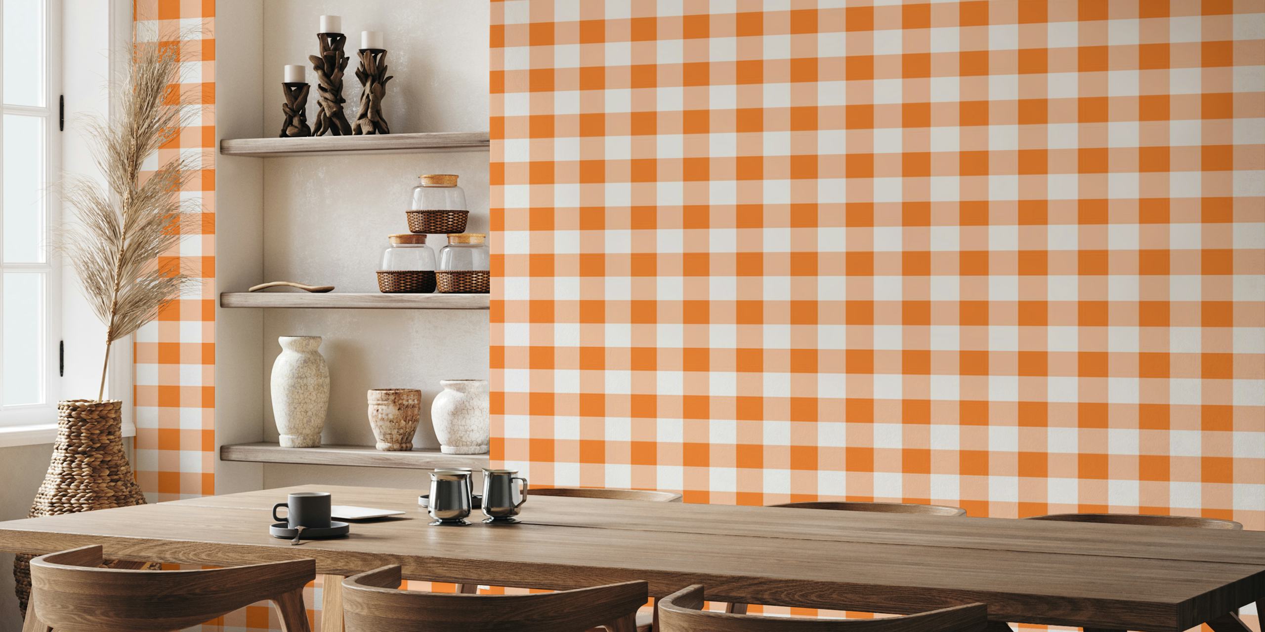 Orange and white gingham check pattern wallpaper