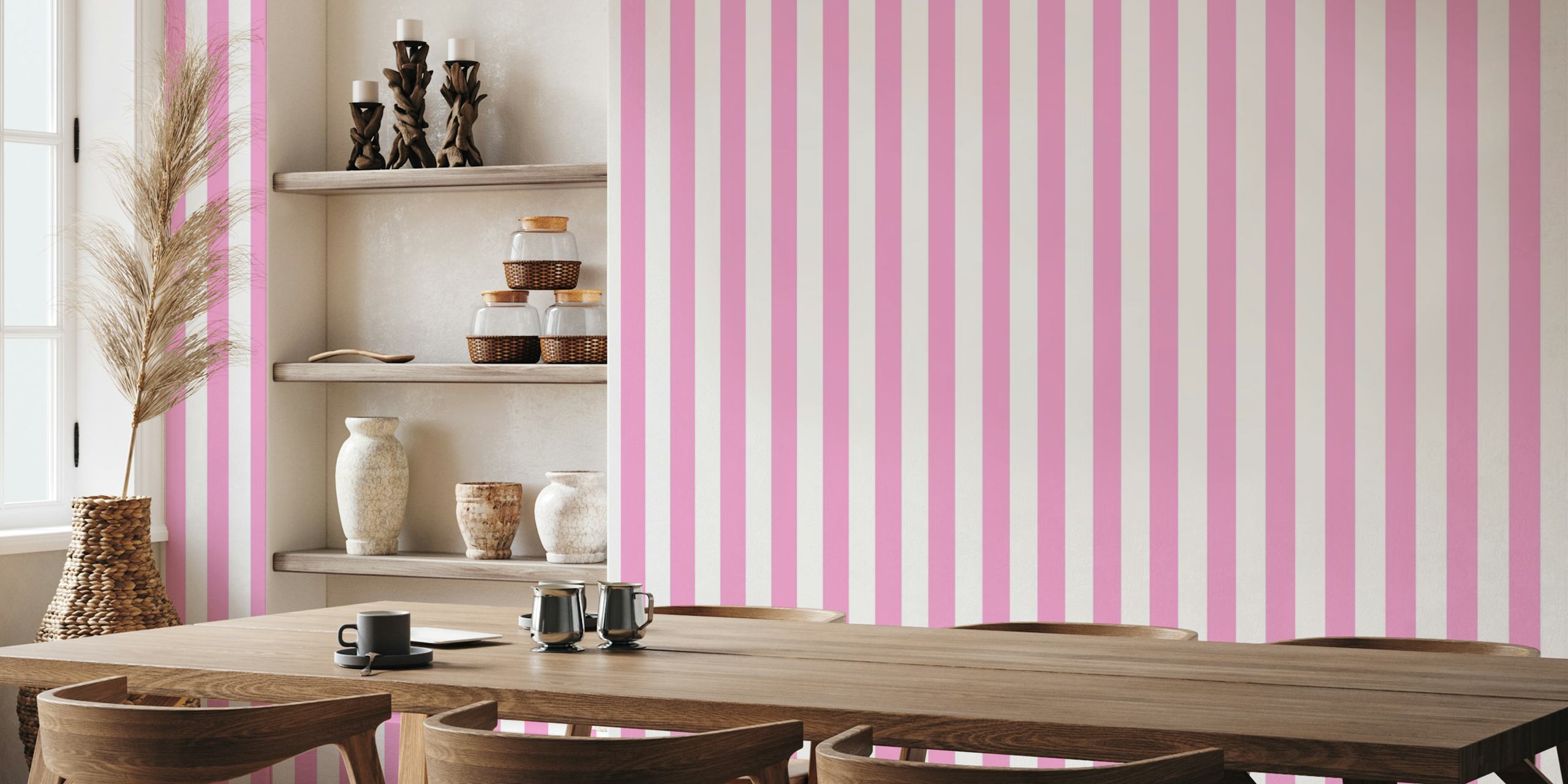 Rosa and white stripes wallpaper in a room
