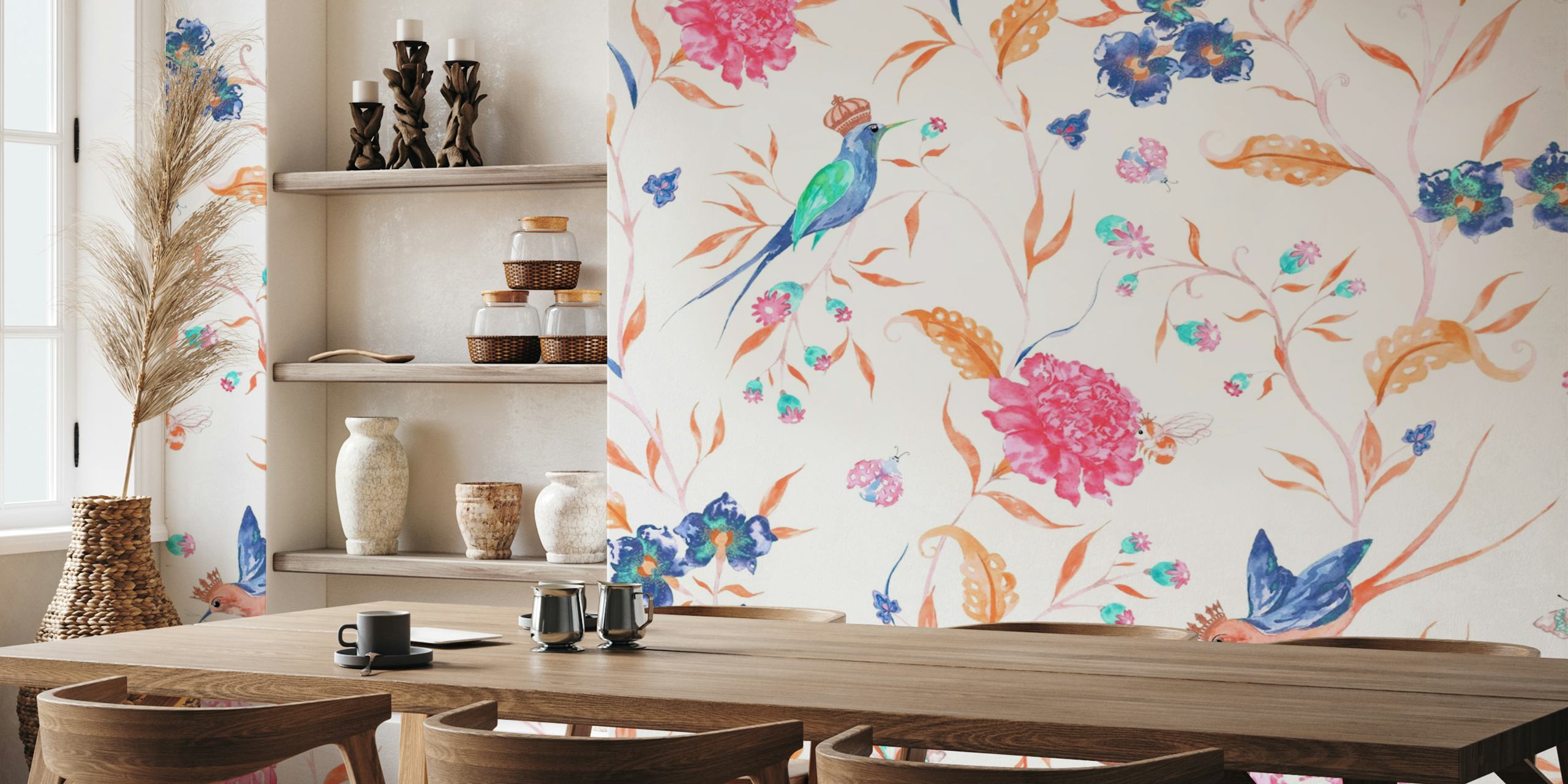 Colorful floral pattern with pink and blue flowers and birds wallpaper