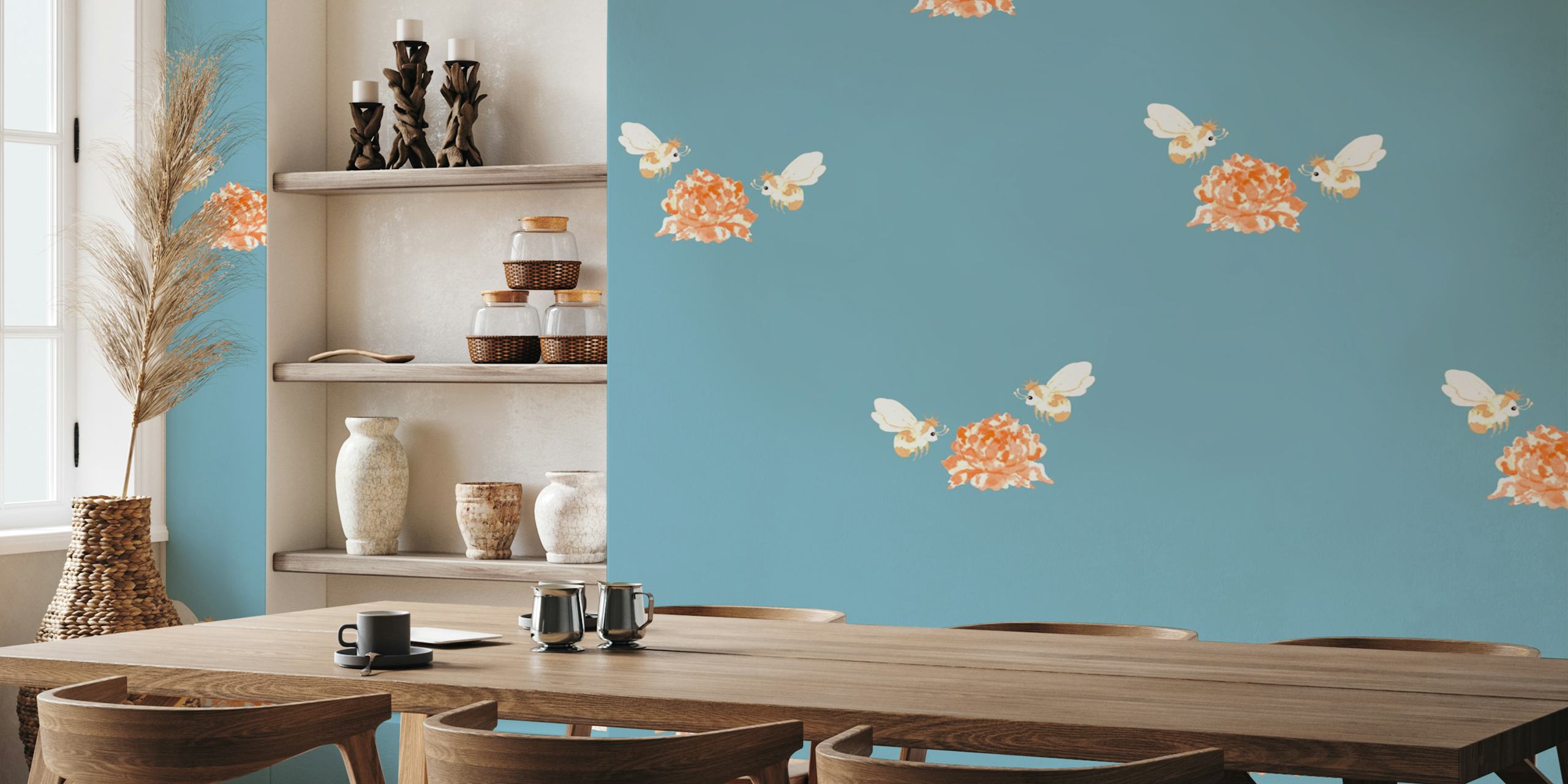 Flower and bee wallpaper design in a room