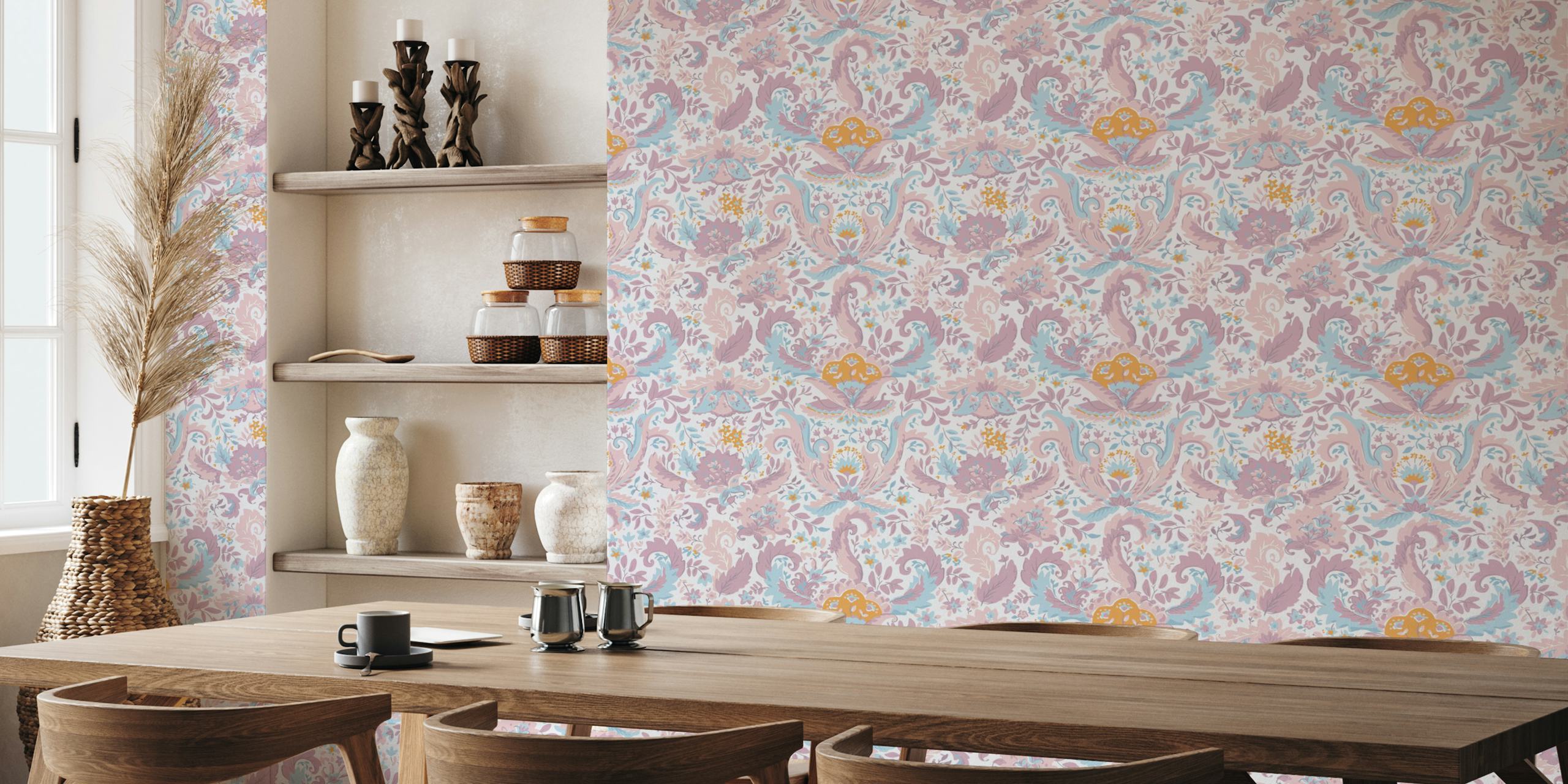 Elegant Floral Symphony pastel behang weergegeven in een kamer