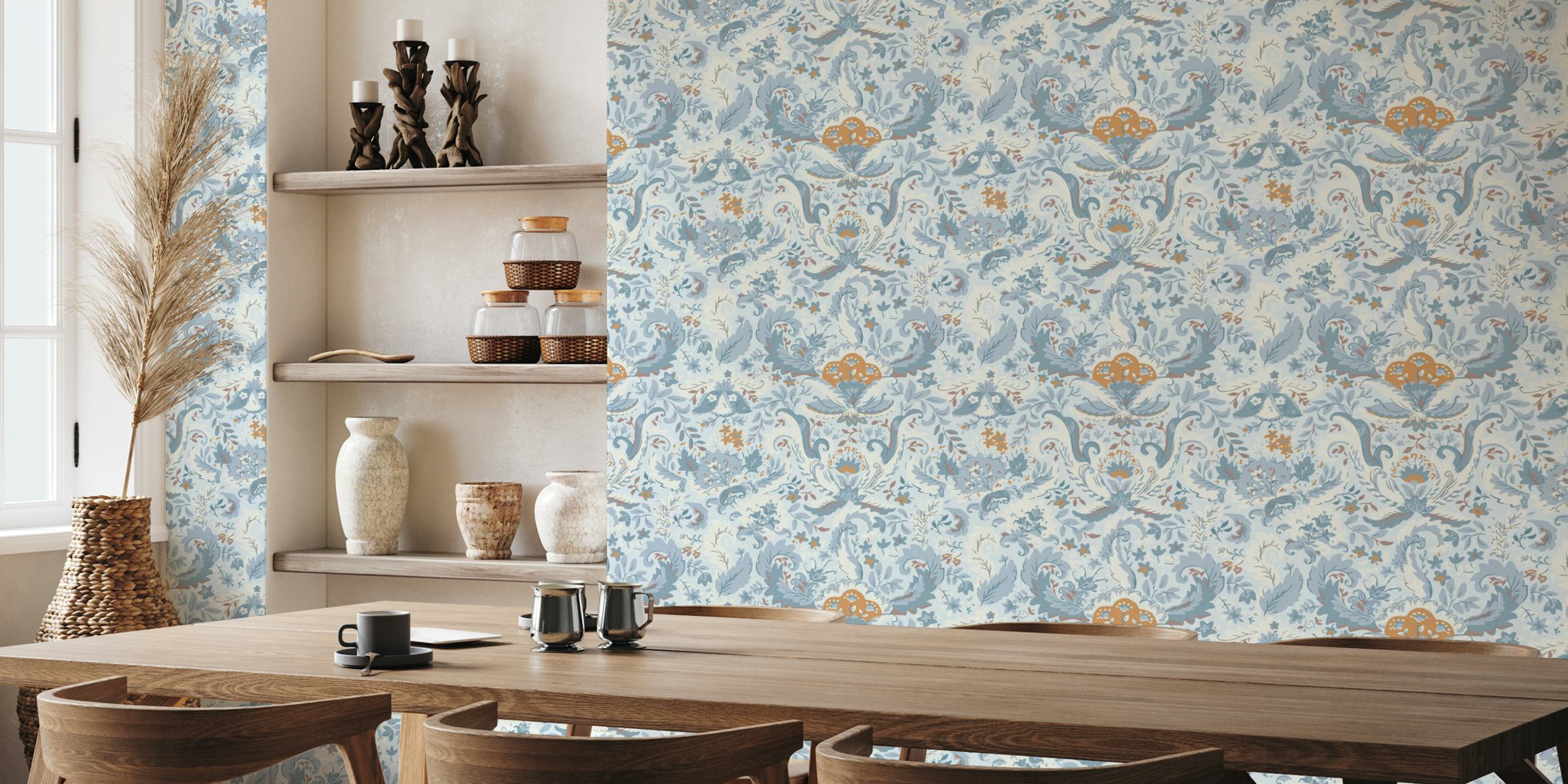 Floral patterns in soft blue and yellow on a light background wallpaper