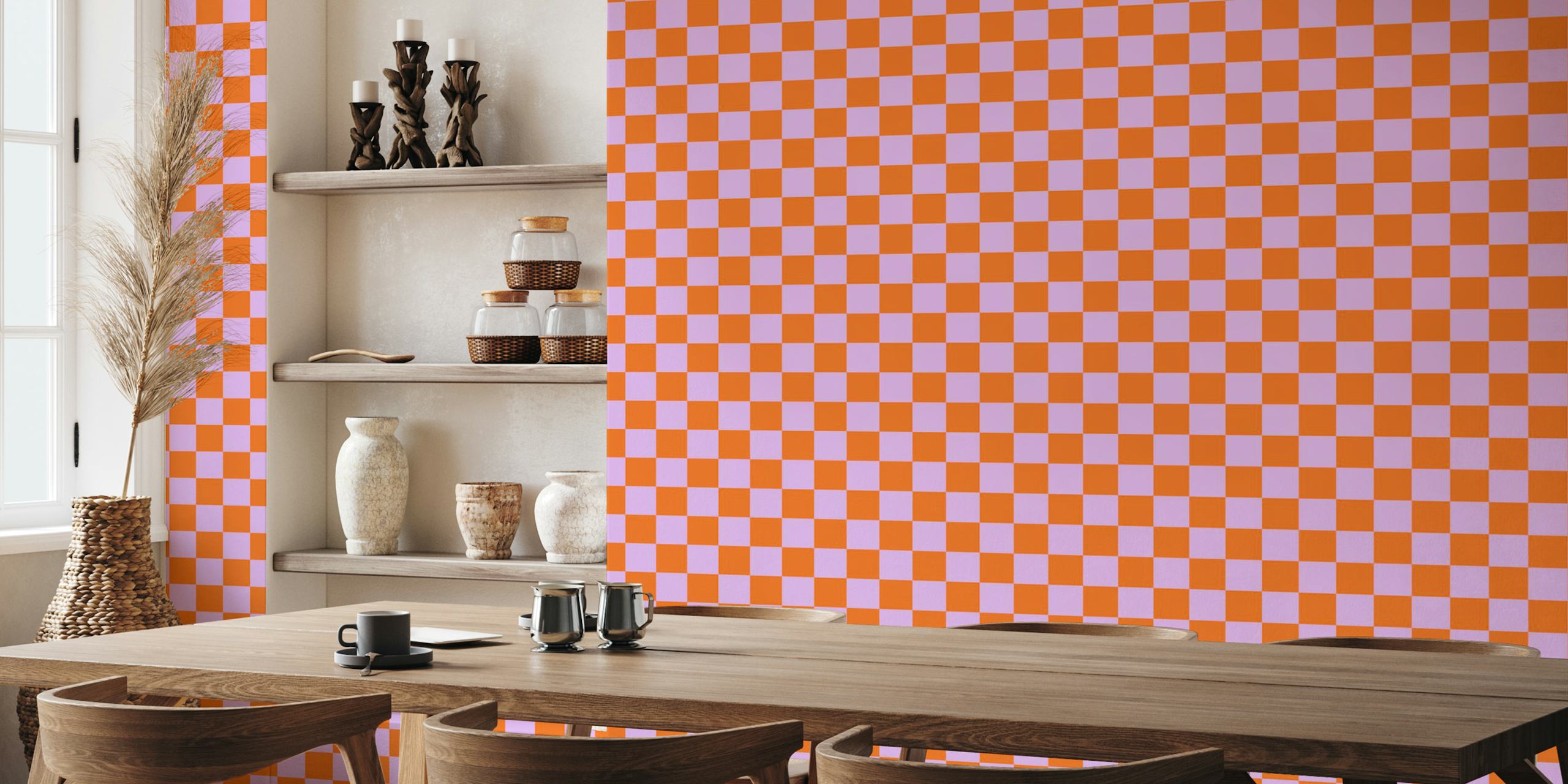 Orange og lilac checker tapet i et rum