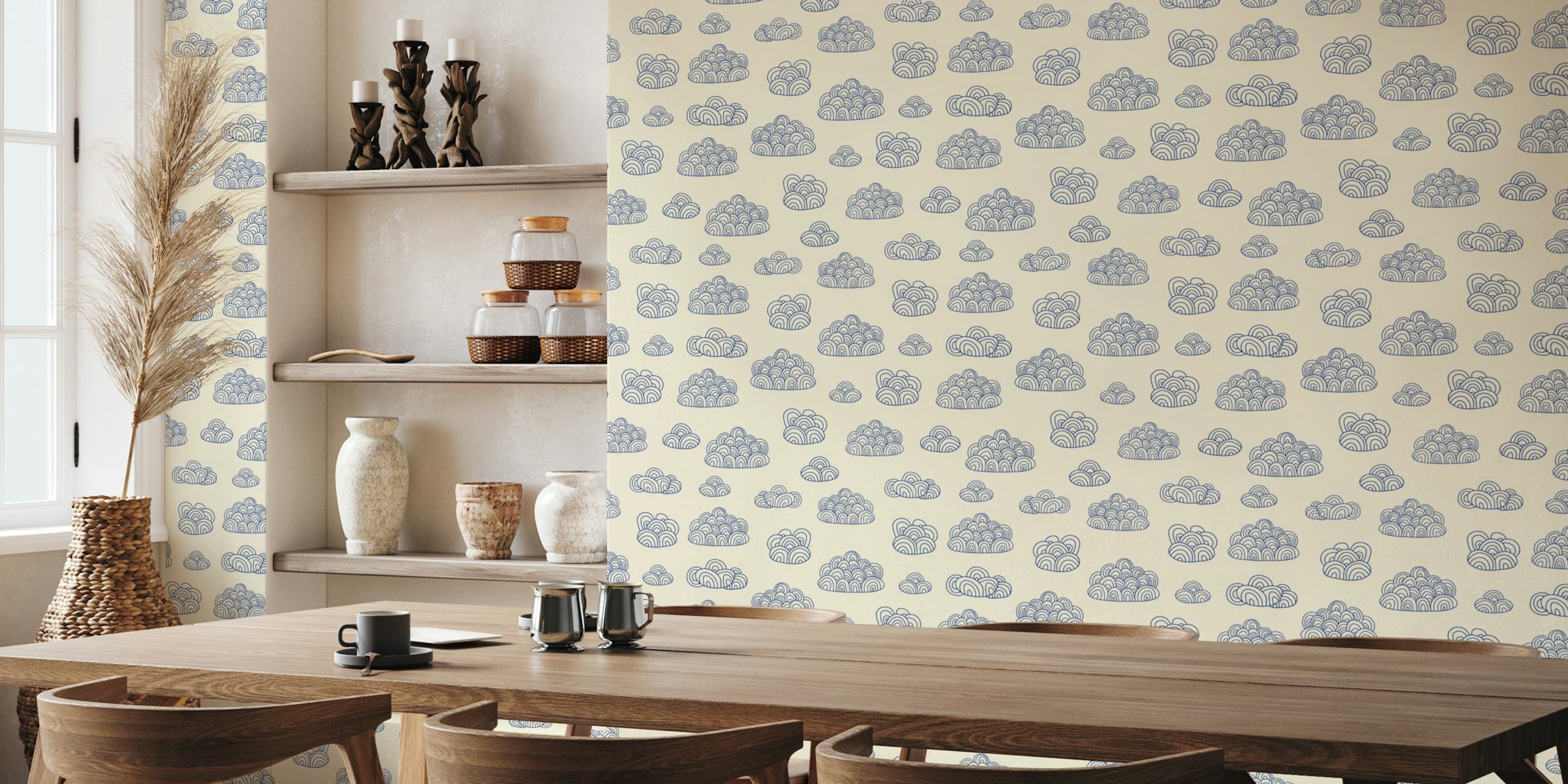 Doodle Line Art Clouds Navy Blue en papel pintado blanco