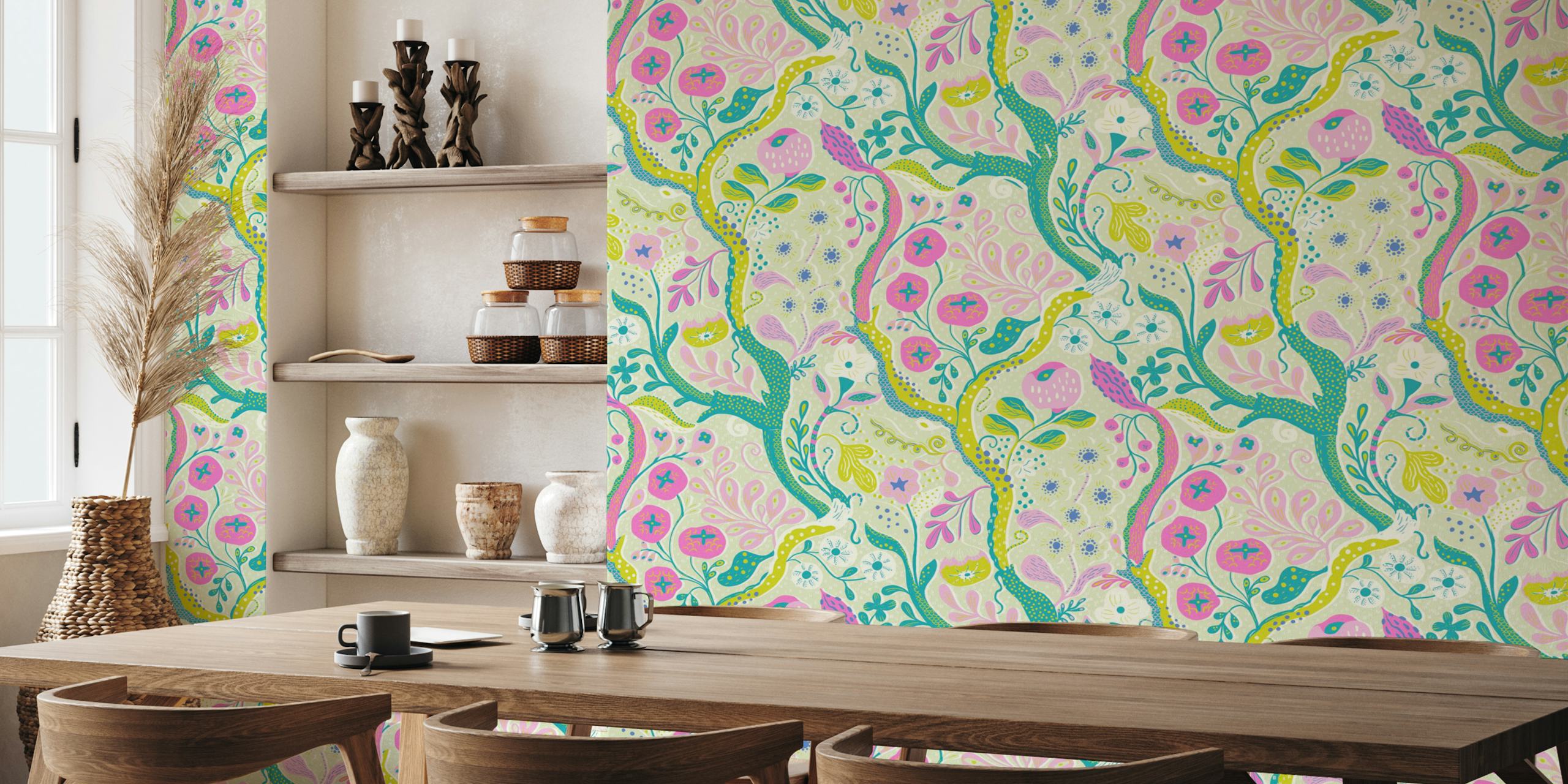 Colorful floral patterns in pink, green, and yellow on ecru wallpaper
