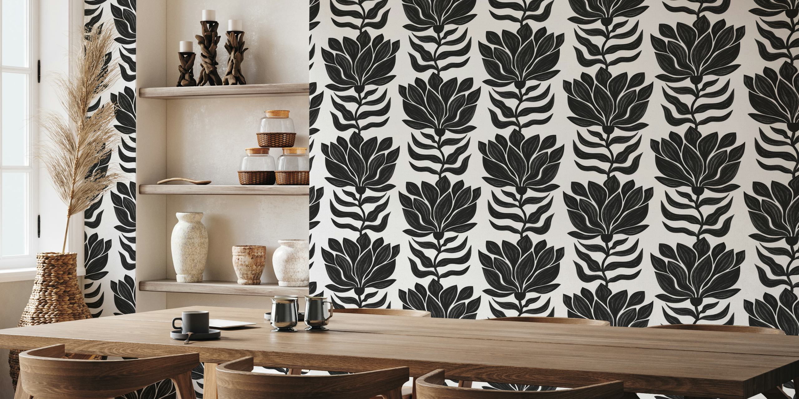 Wavy Floral svart och vit tapetdesign
