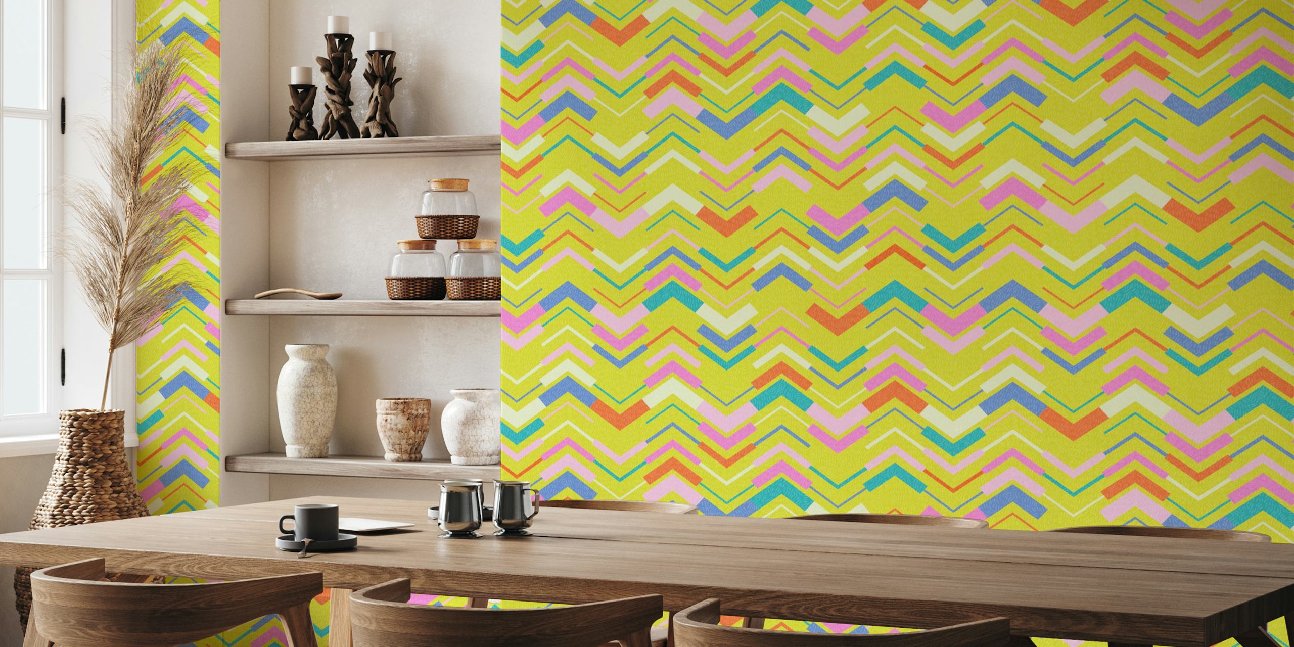 Colorful chevron stripe wallpaper in a room