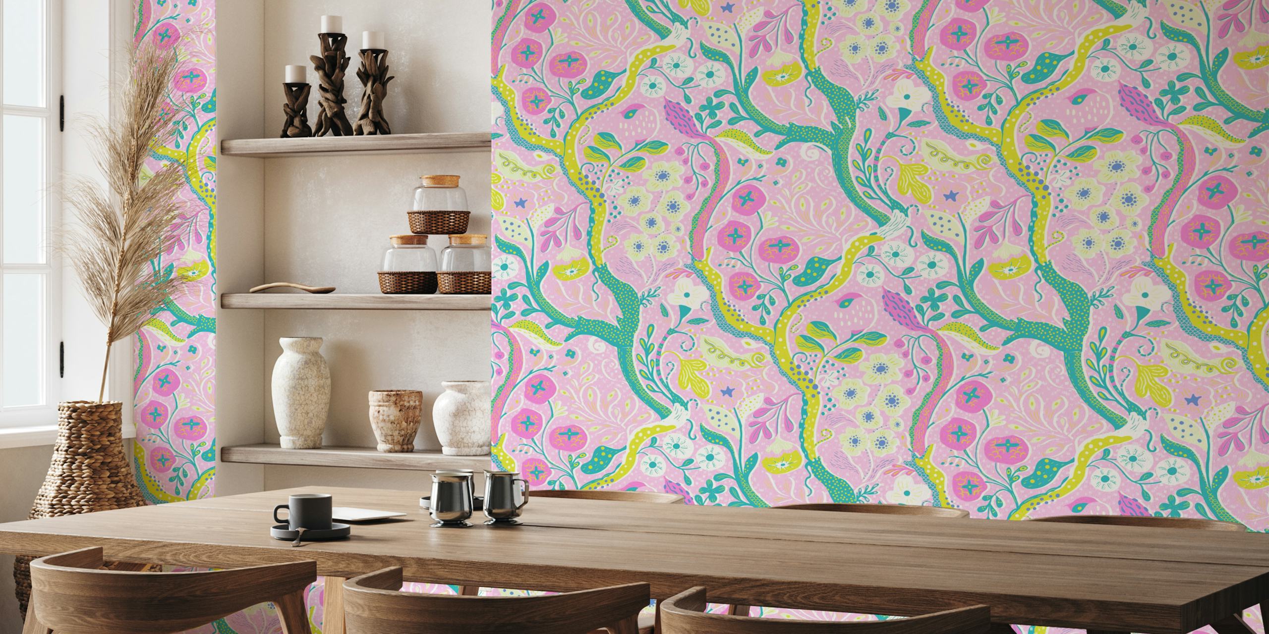 Whimsical kitschy floral garden wallpaper in a room.