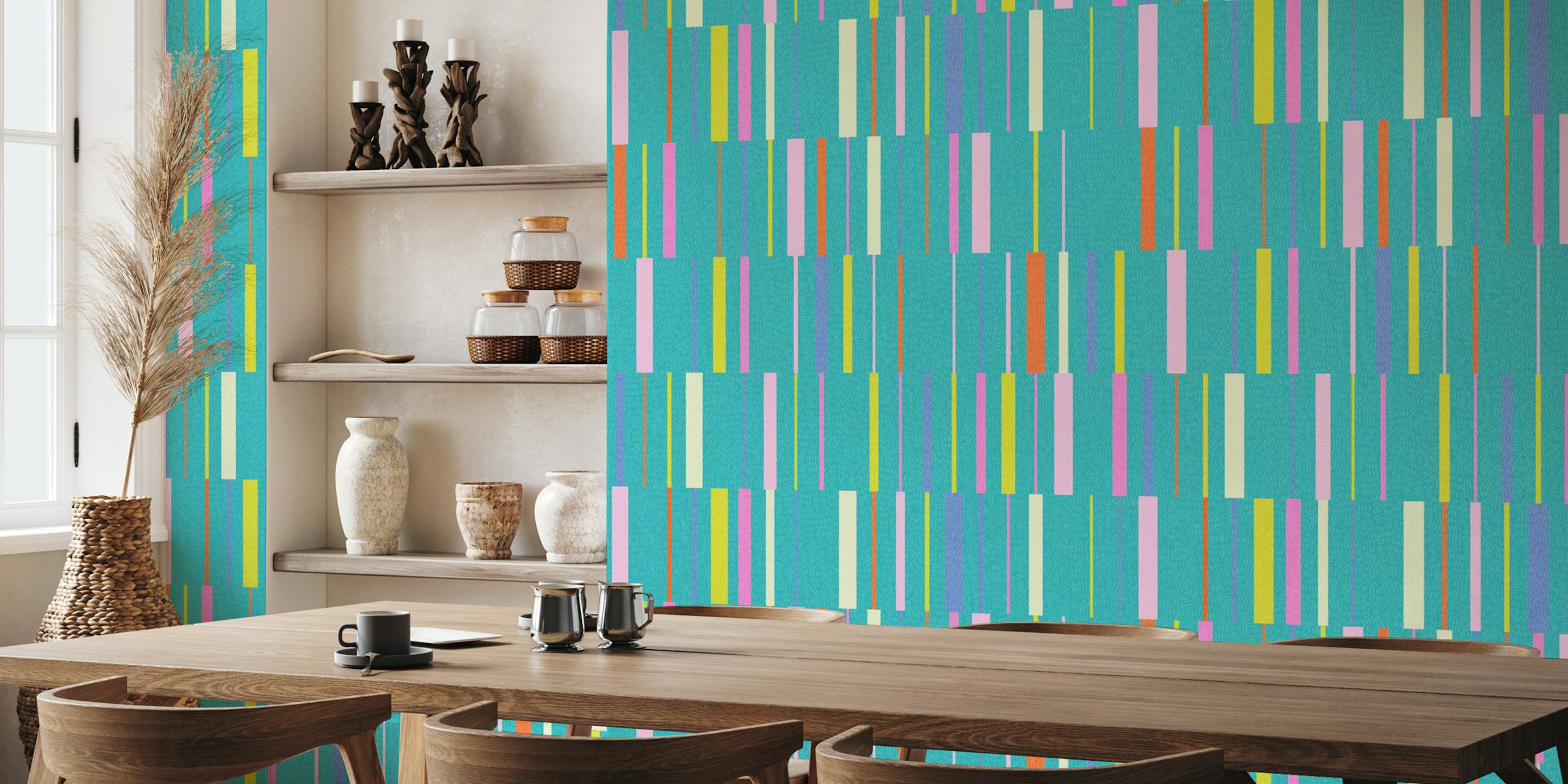 Colorful striped wallpaper in teal, pink, orange, yellow and white