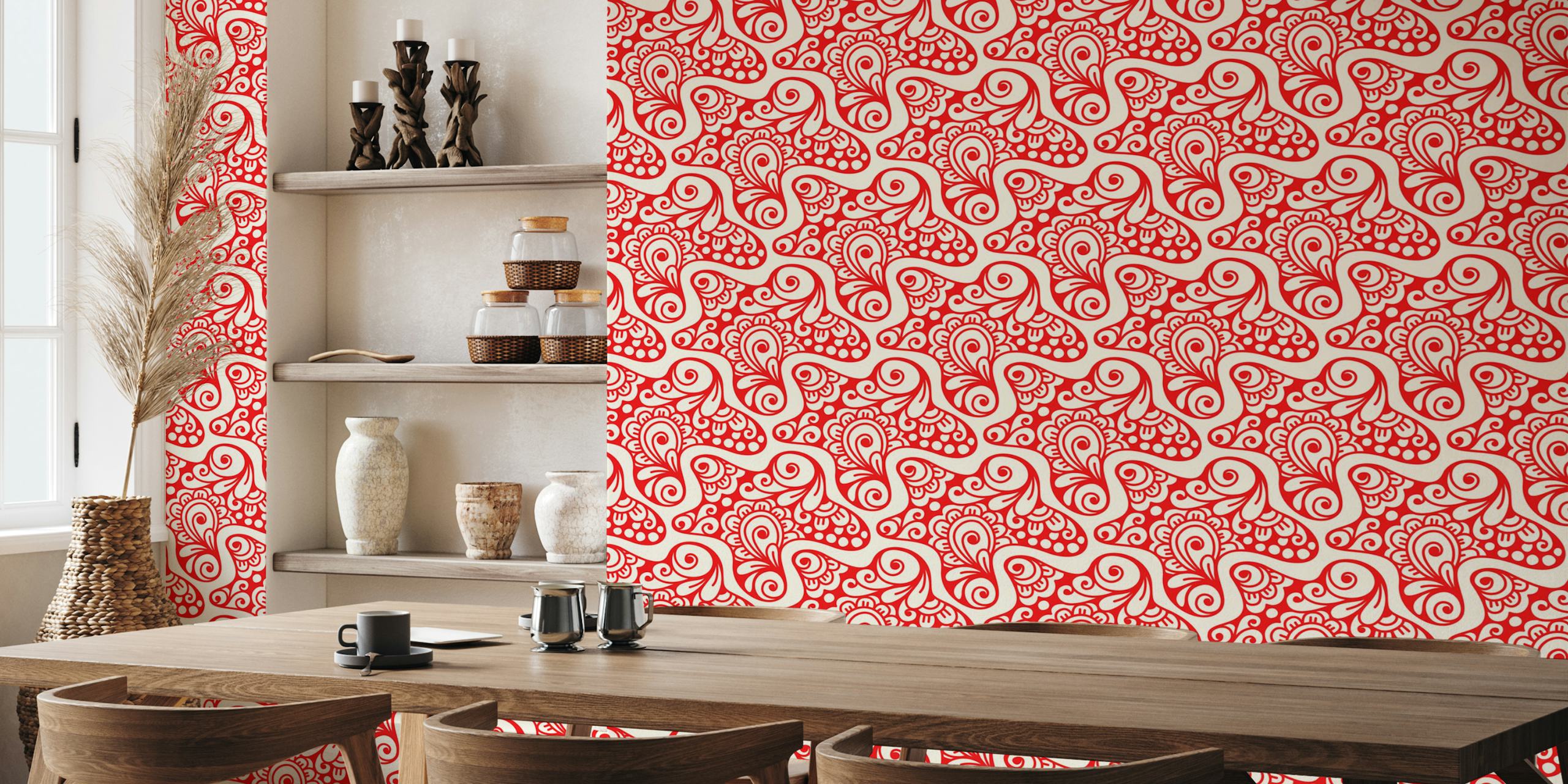 Bohemian Floral Swirls Red tapet i ett rum