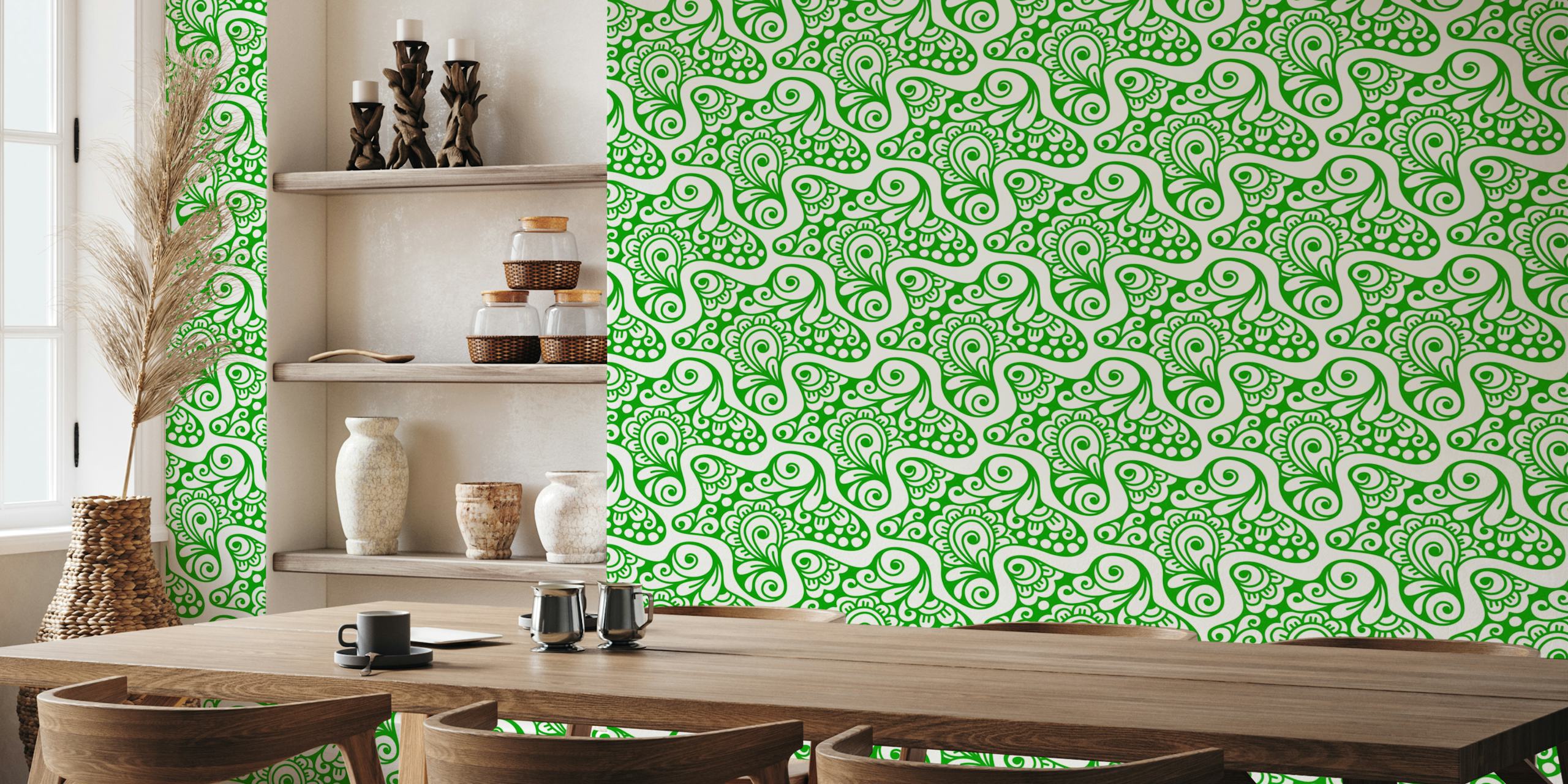 Tapeta Green Swirl Deco Doodle Art v místnosti