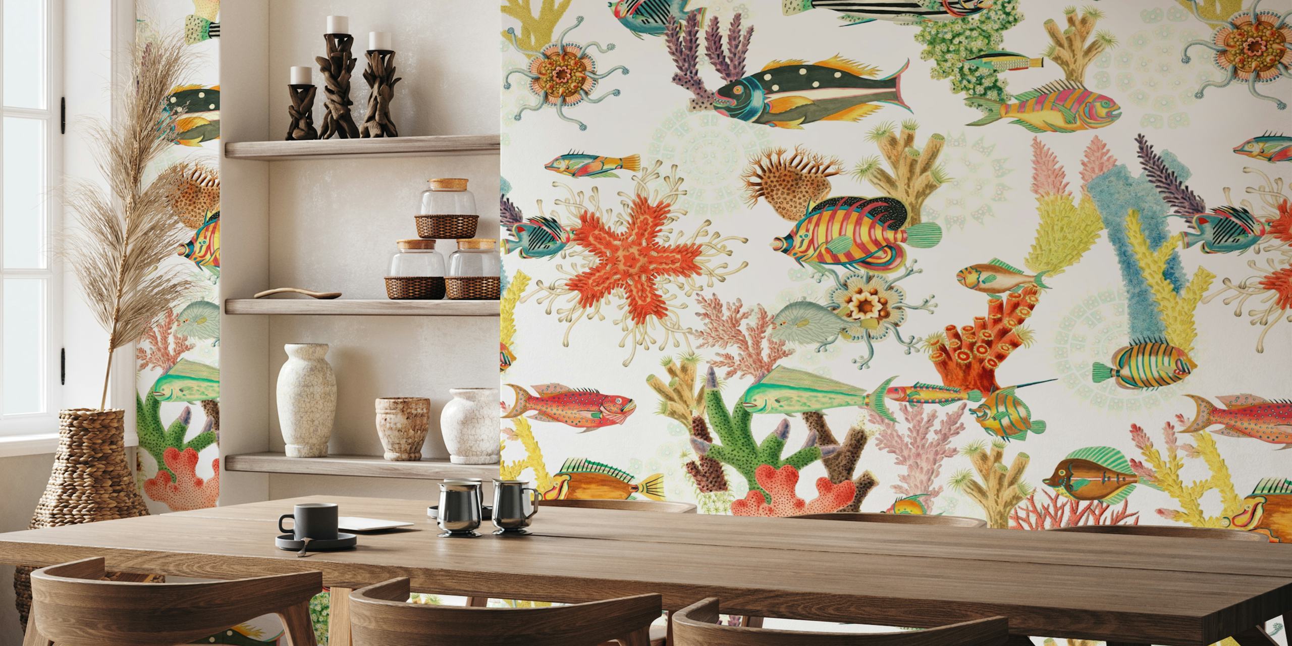 Colorful fish and coral reef patterns, bright colors, marine-themed wallpaper