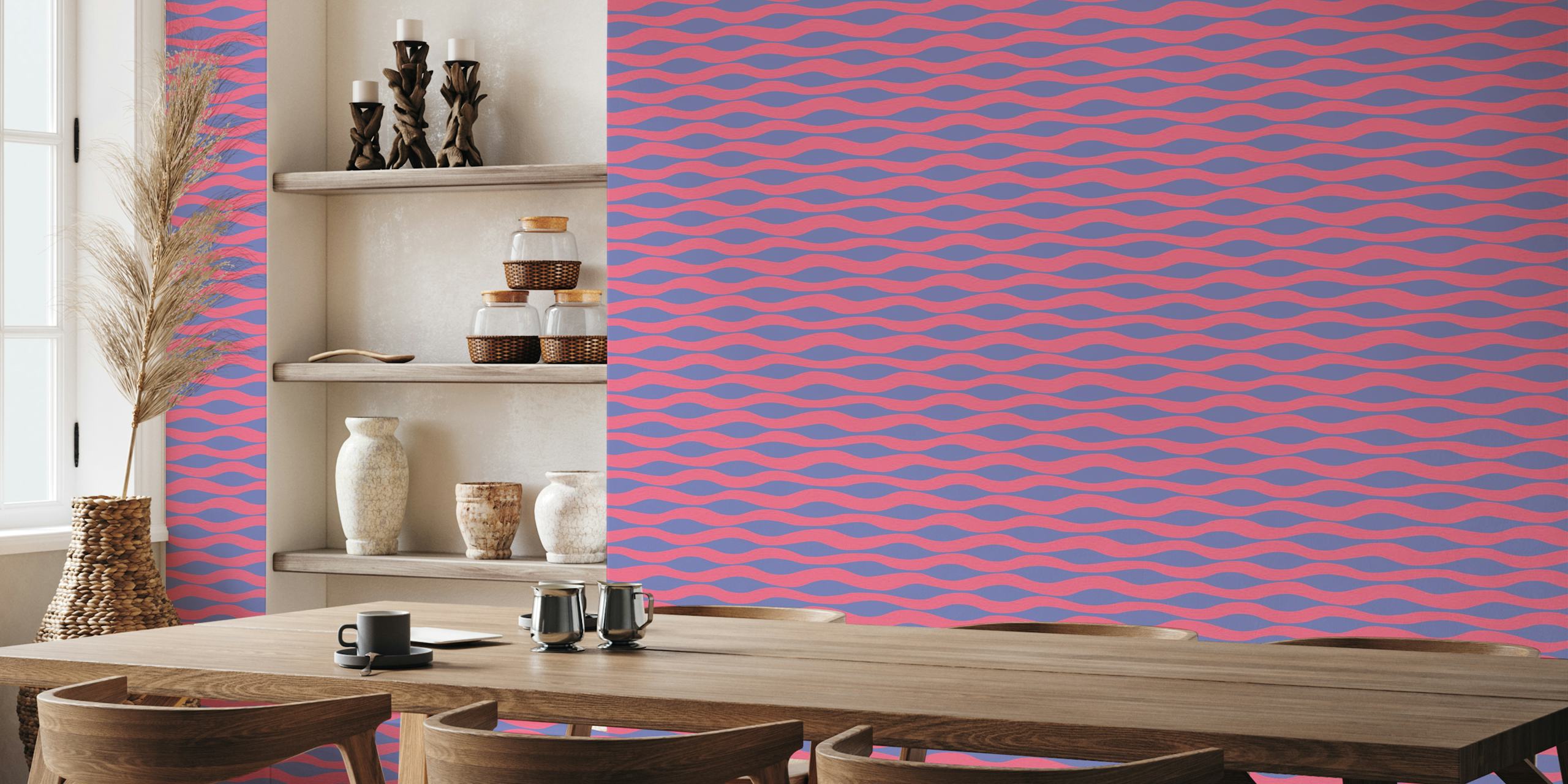 Abstract wavy stripes in pink and purple wallpaper