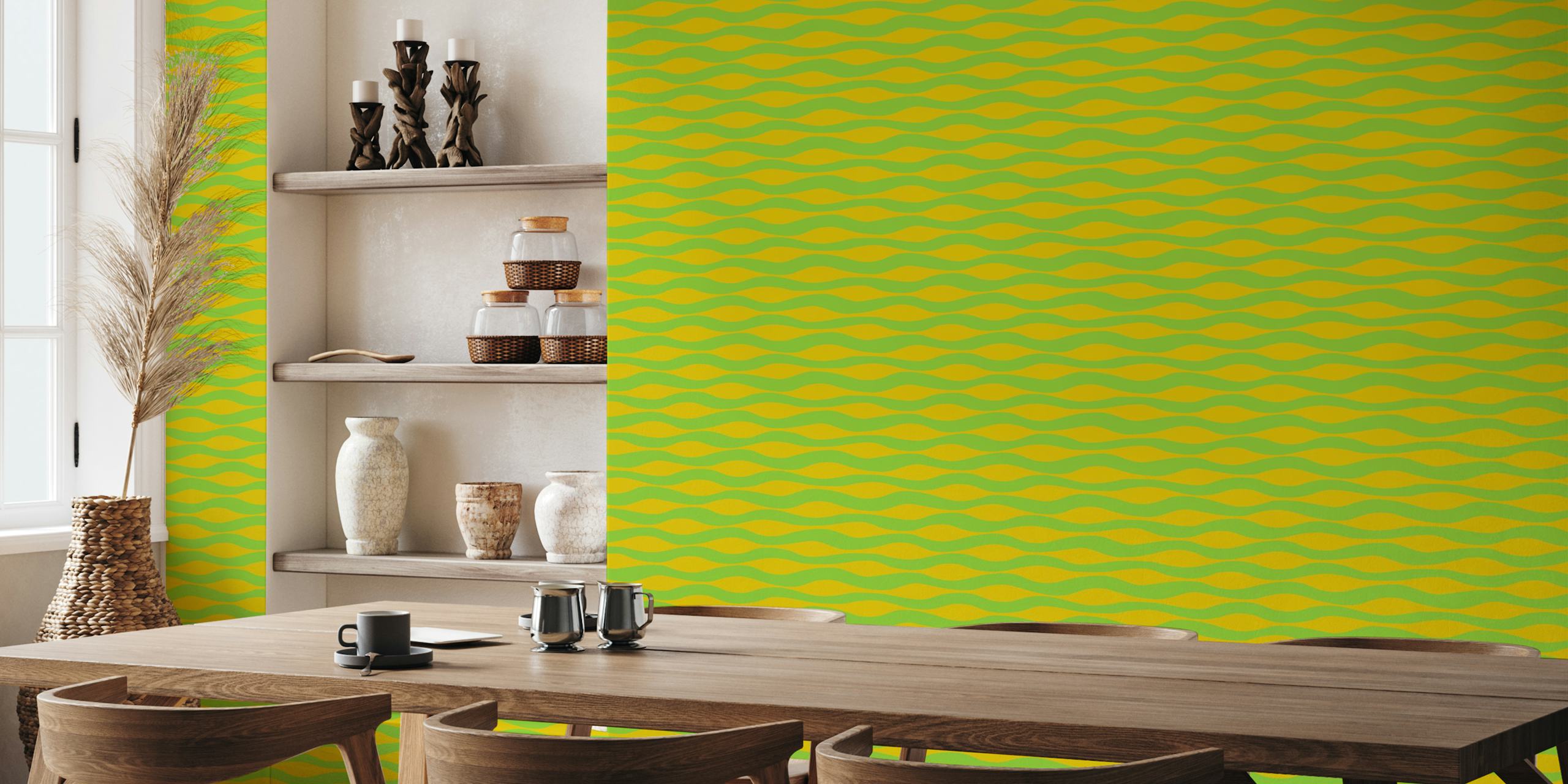 Lime green og yellow stripete wallpaper i et rom