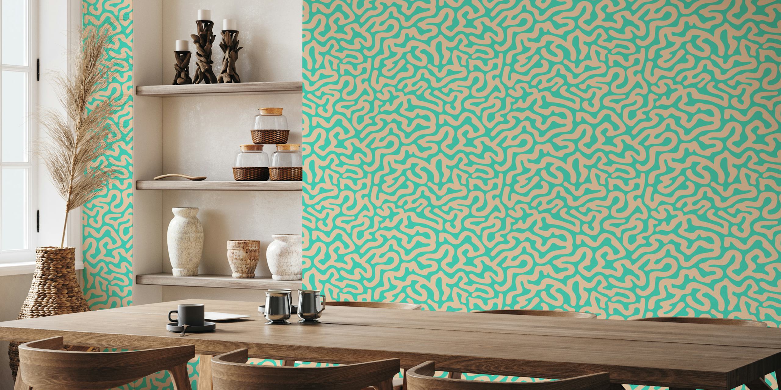 Abstract coral reef pattern in turquoise and beige wallpaper