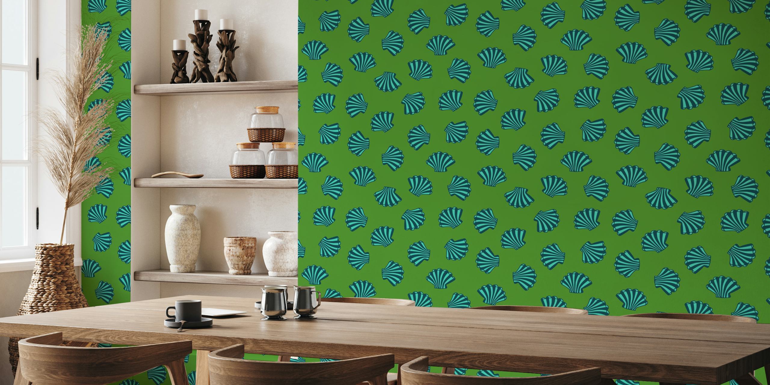 Marine green scallop shell Tapete in einem Zimmer