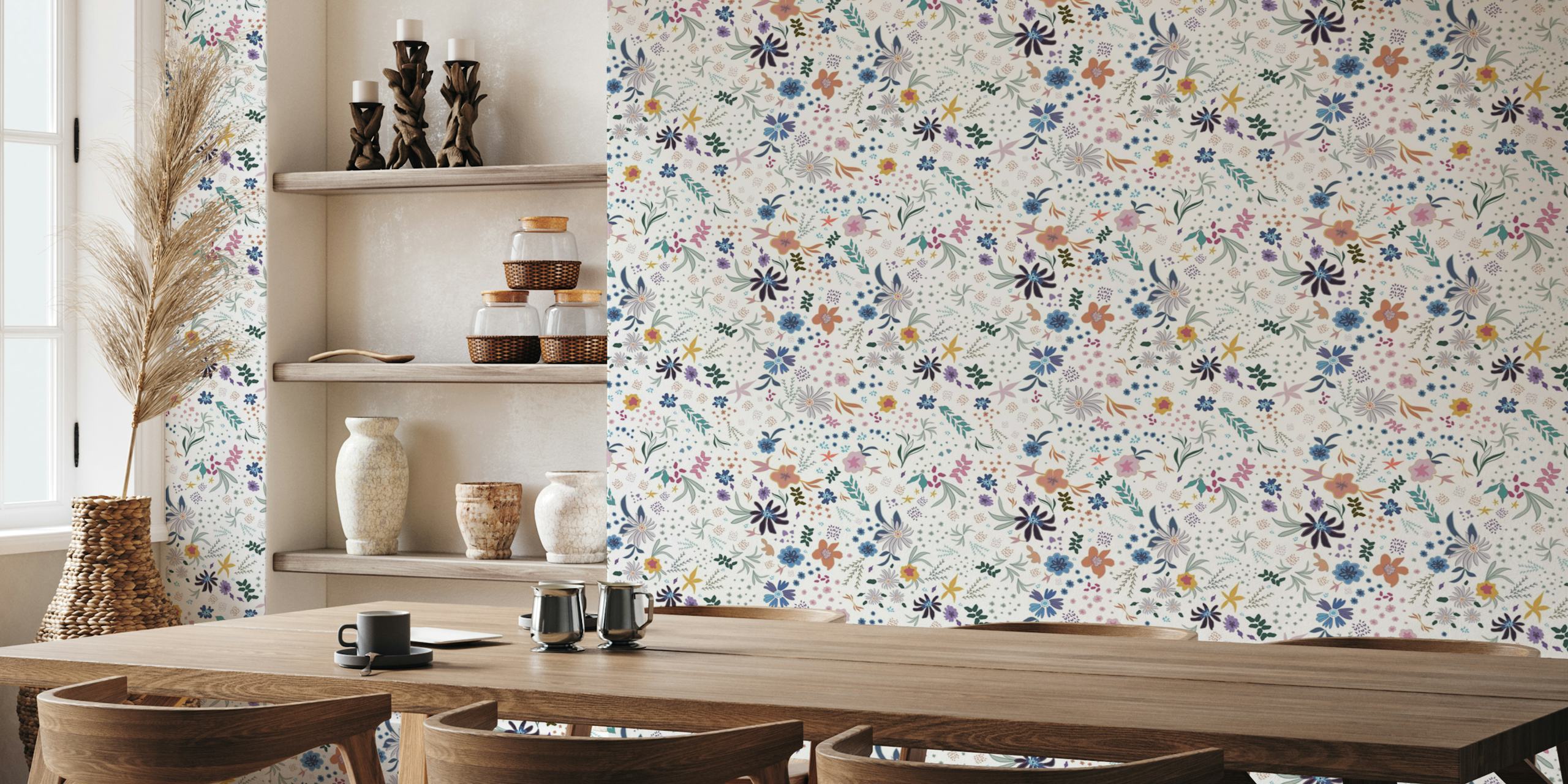 Colorful floral patterns on a white background wallpaper