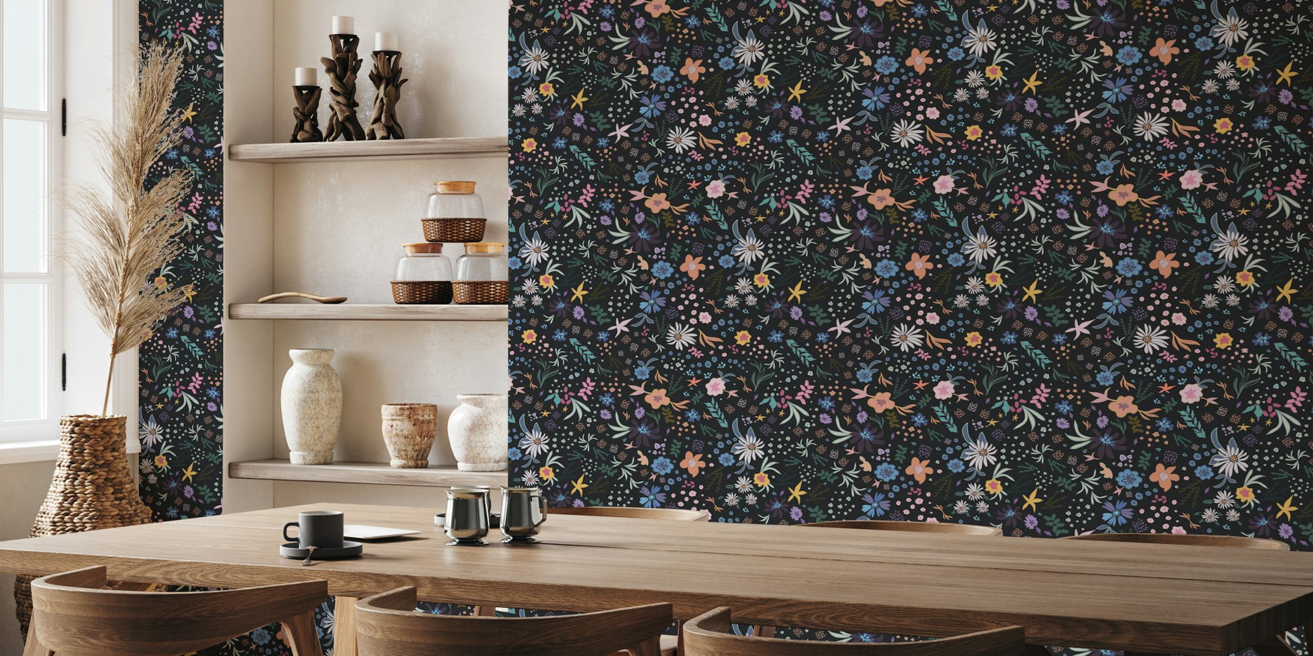 Fairy floral pattern dark wallpaper in a room