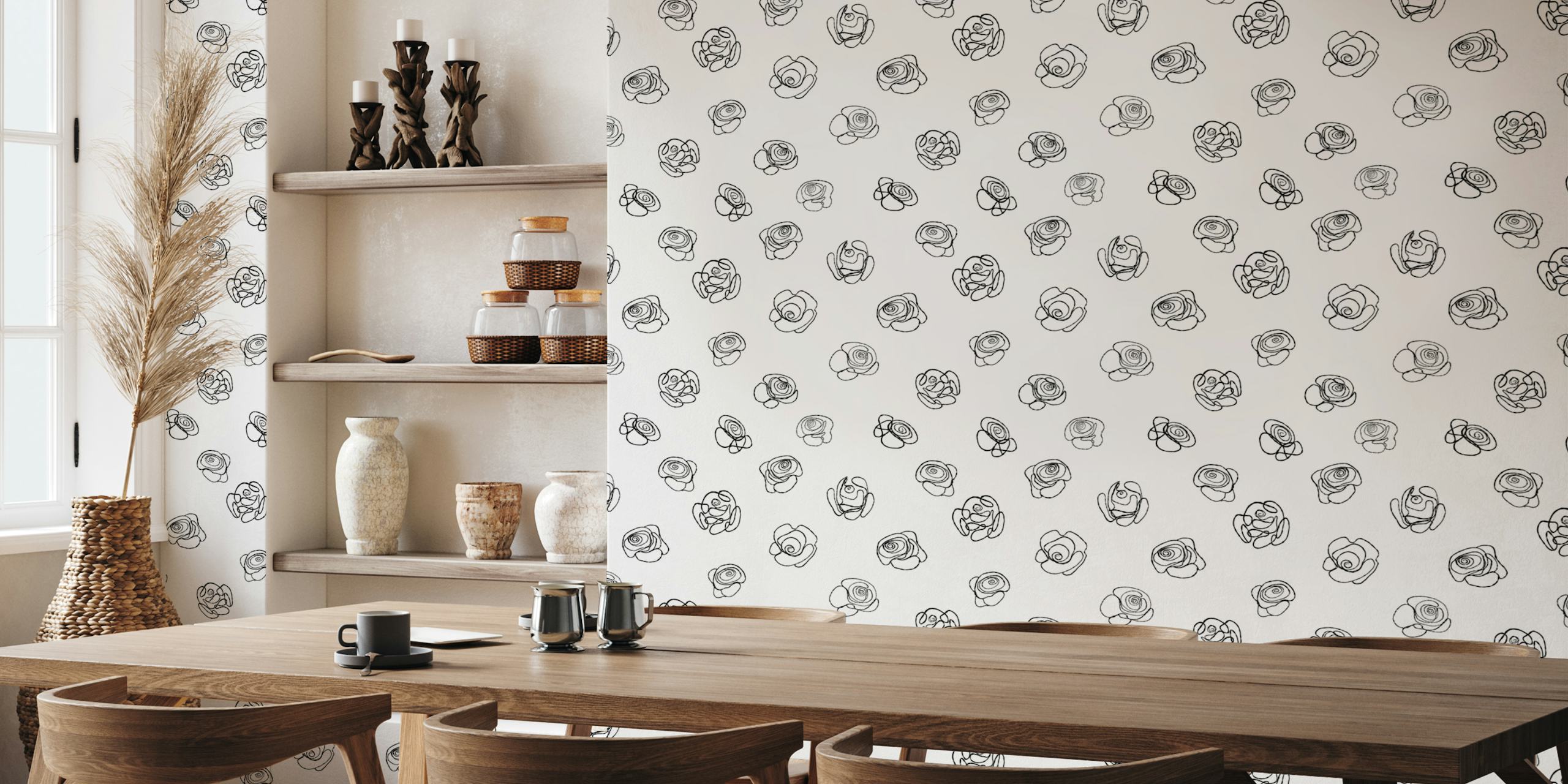 Hand drawn simple roses wallpaper in a room