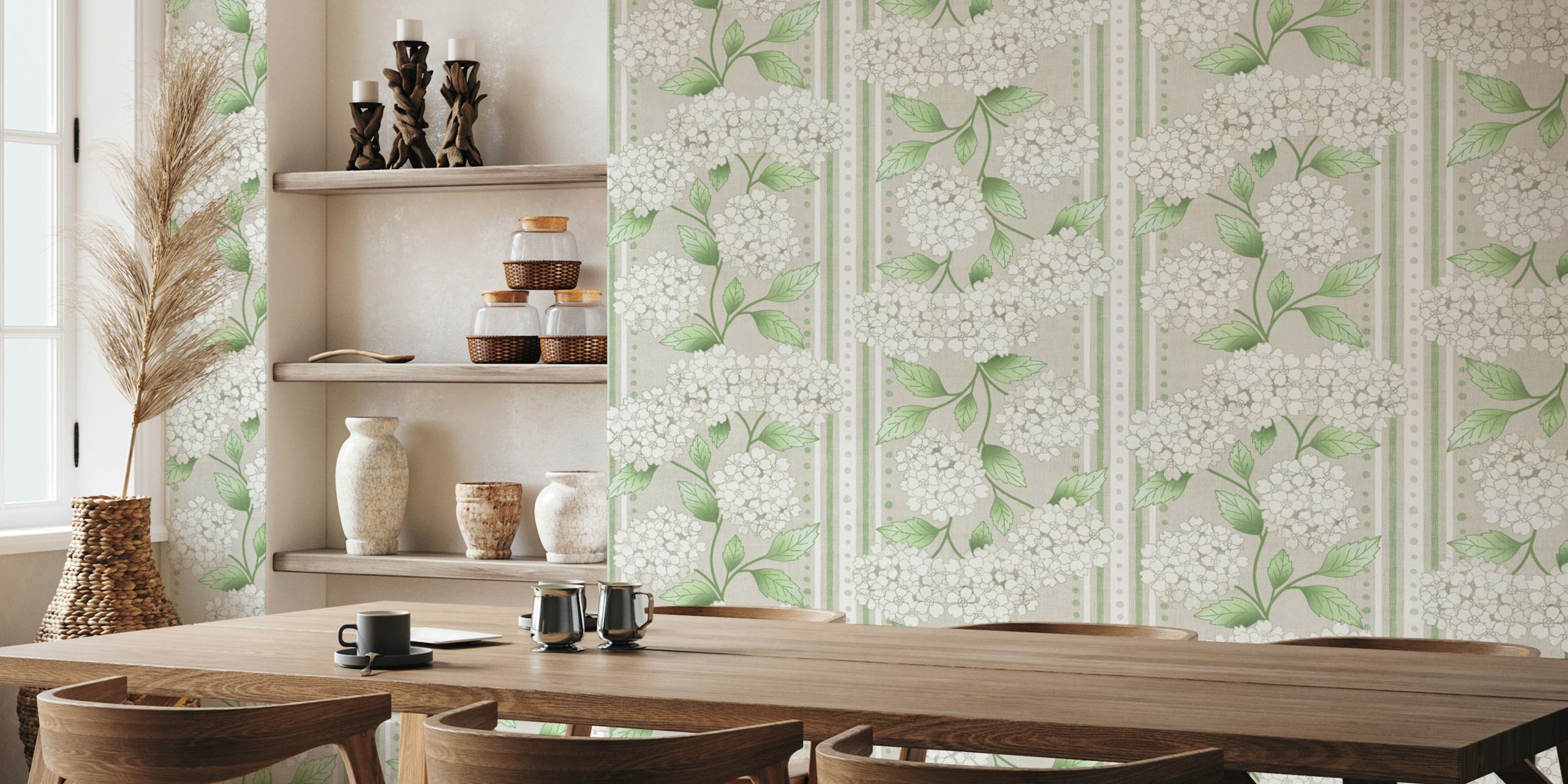 Pale cream and tan hydrangea floral wallpaper in room