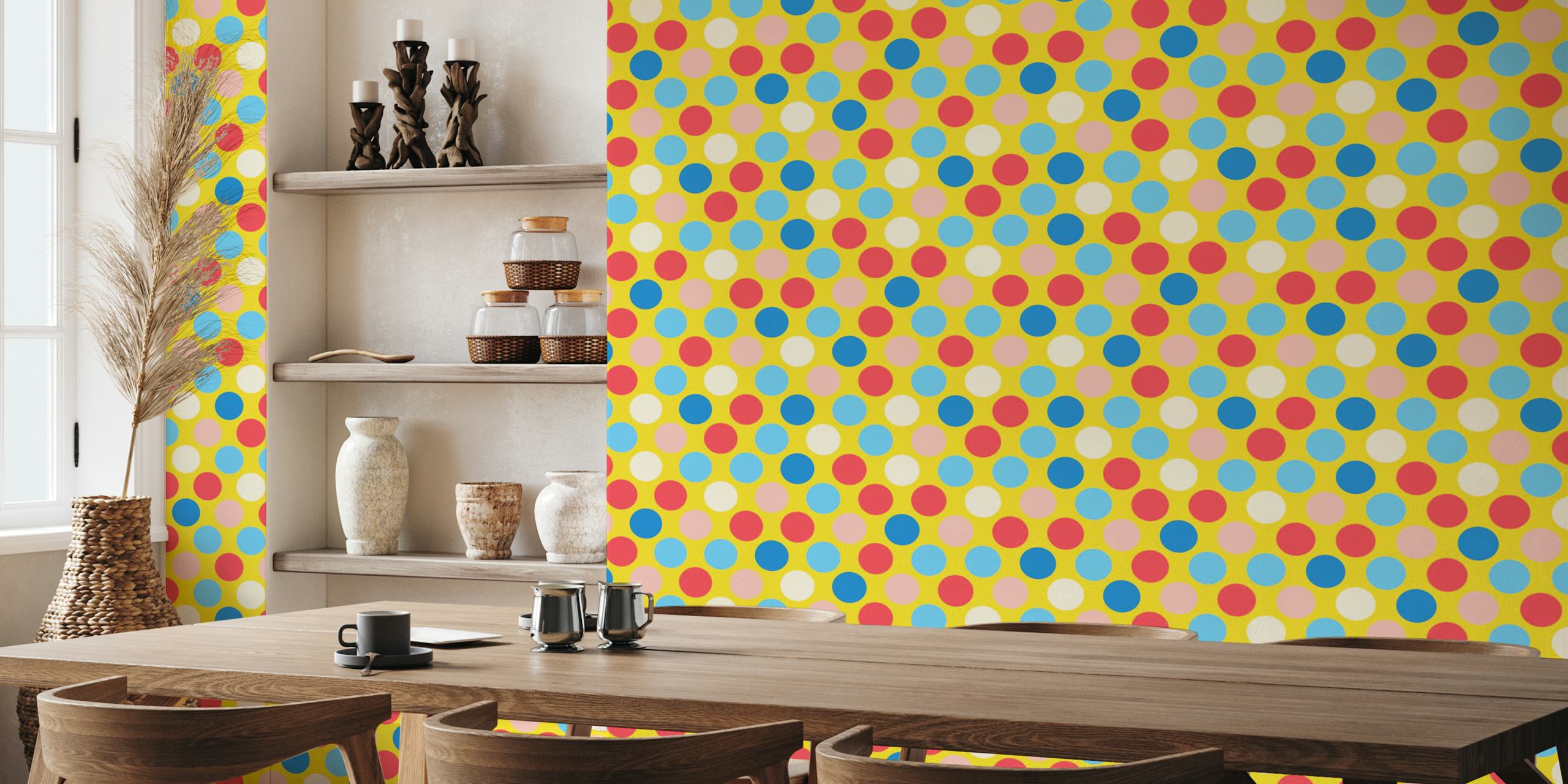 Colorful polka dot wallpaper in a room