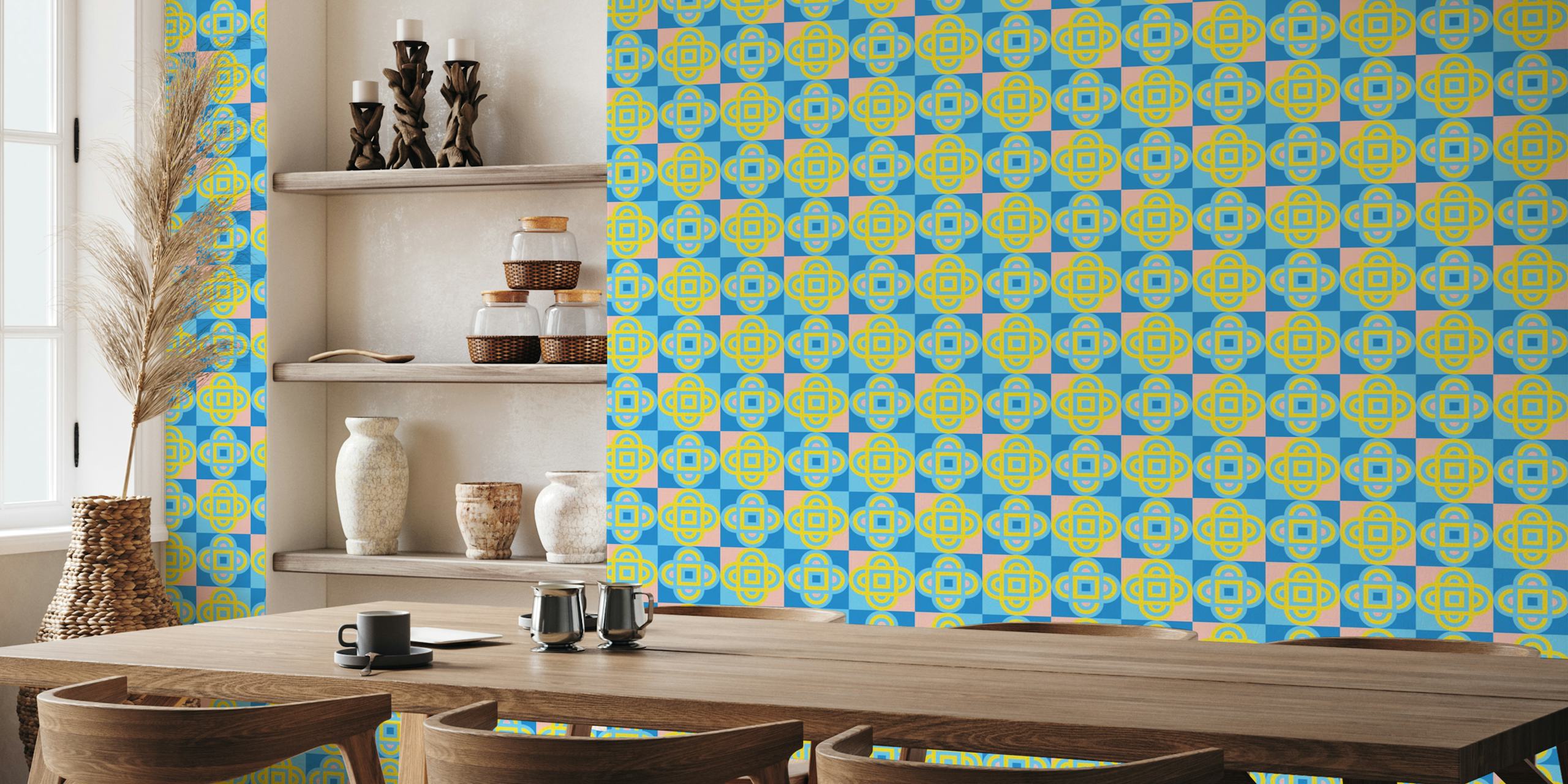 Colorful quatrefoil geometric pattern in pink, blue, and yellow wallpaper
