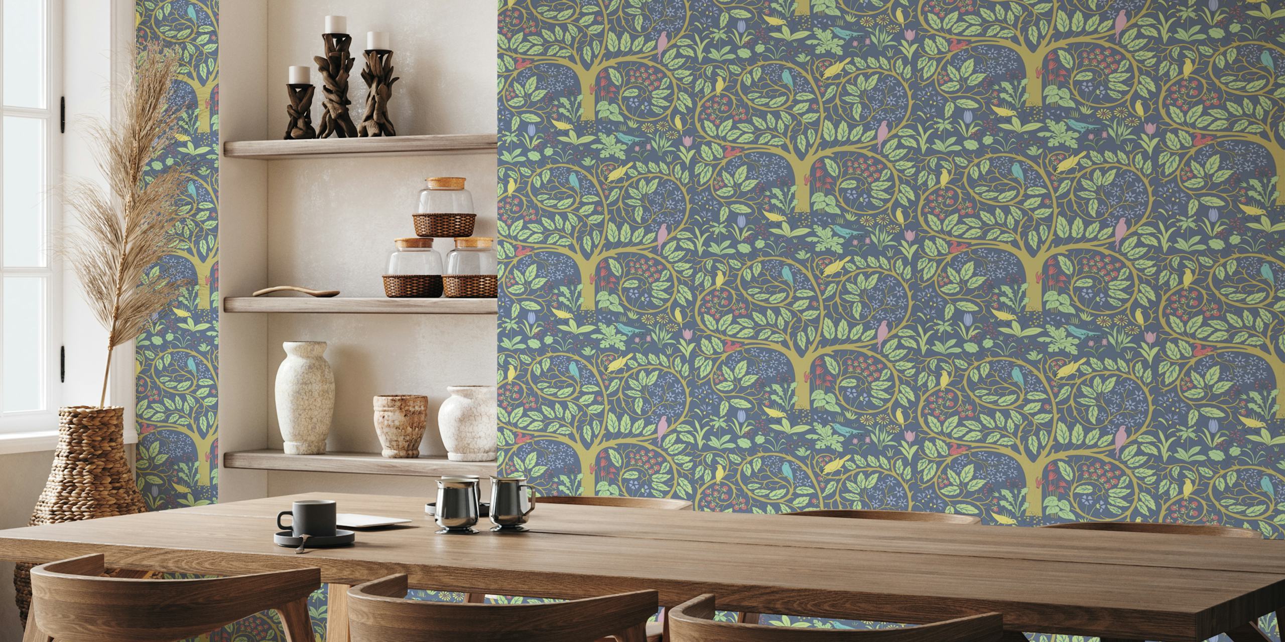 Colorful garden wallpaper with floral patterns and birds in blue and green colors