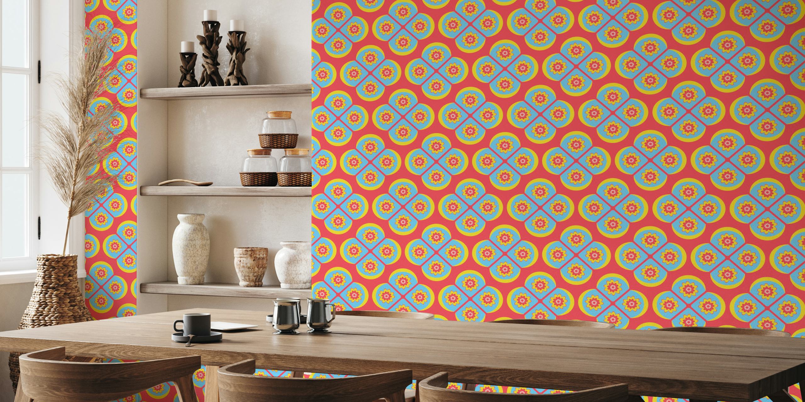 Colorful blue, yellow, and red floral geometric wallpaper