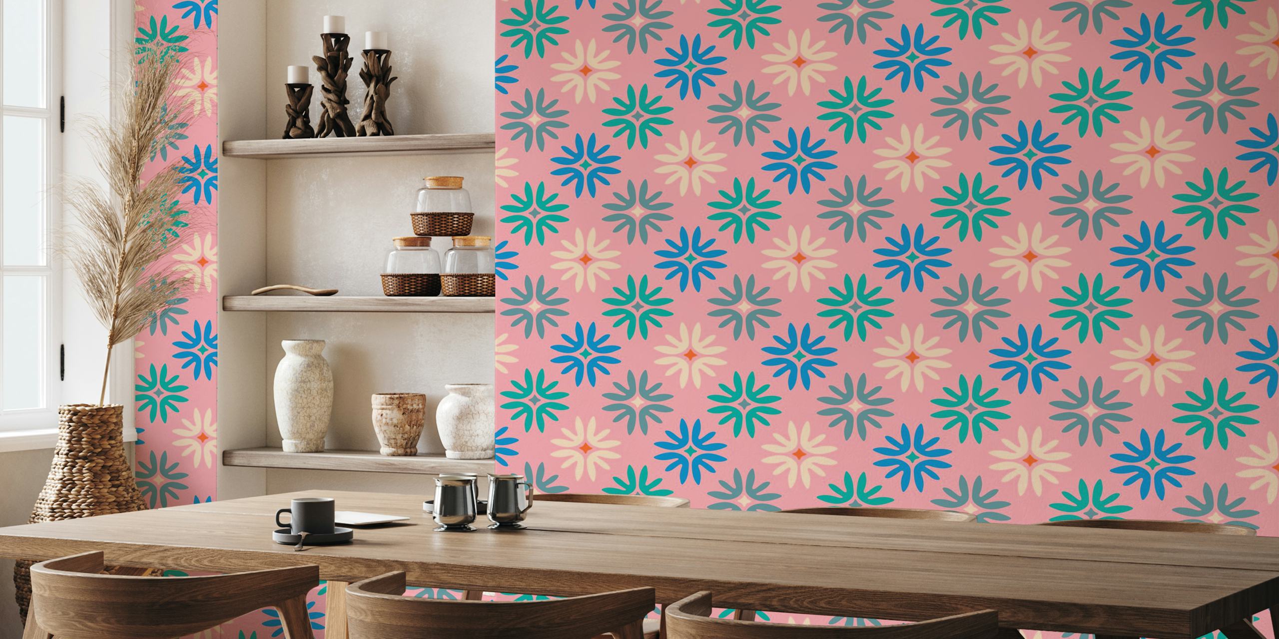 In Bloom Abstract Floral Retro Tile Pink Tapete