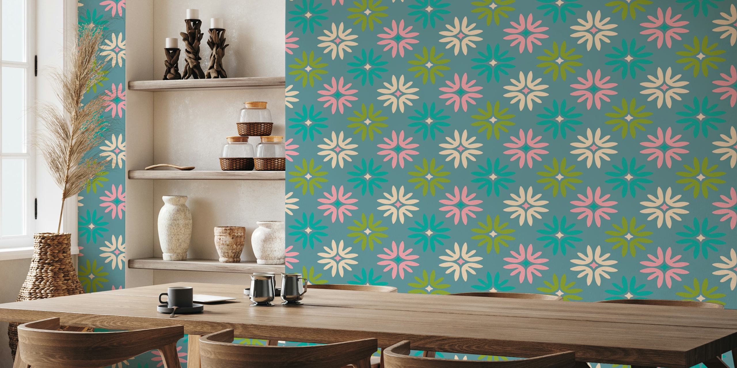 In Bloom Abstract Floral Retro Dusty Blue papier peint