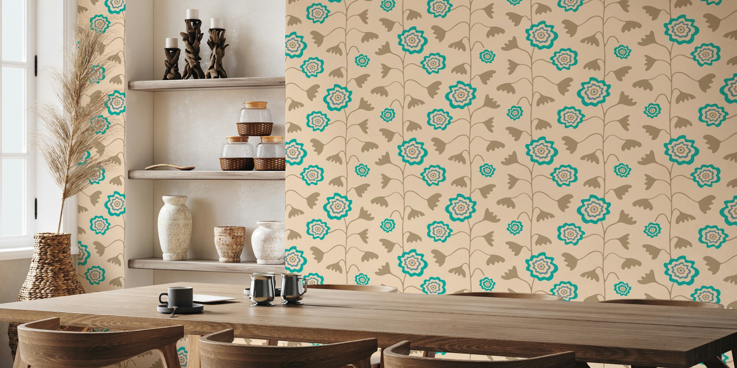 Beige floral pattern with blue flowers and leaves wallpaper