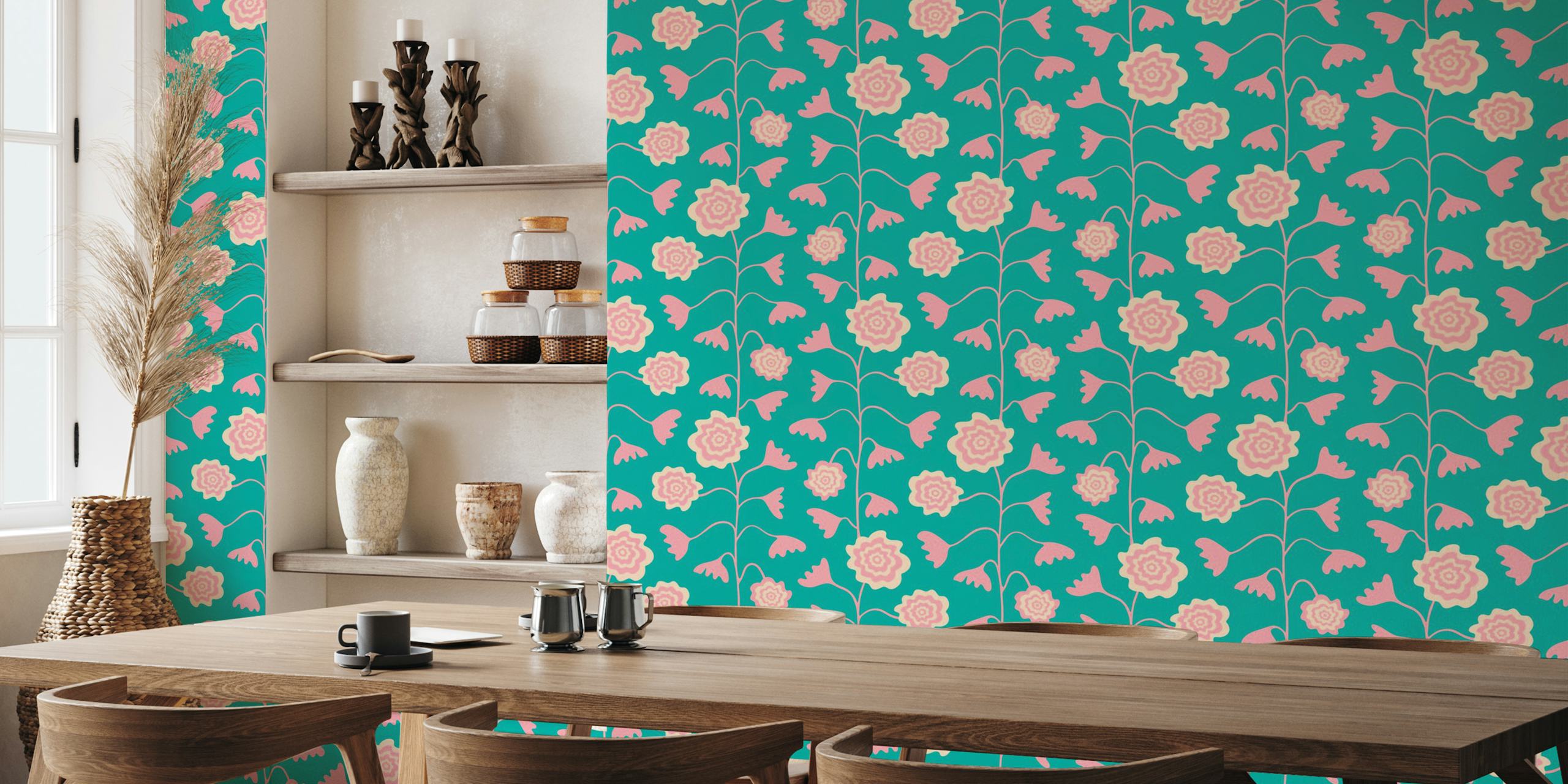 Turquoise floral wallpaper in a room